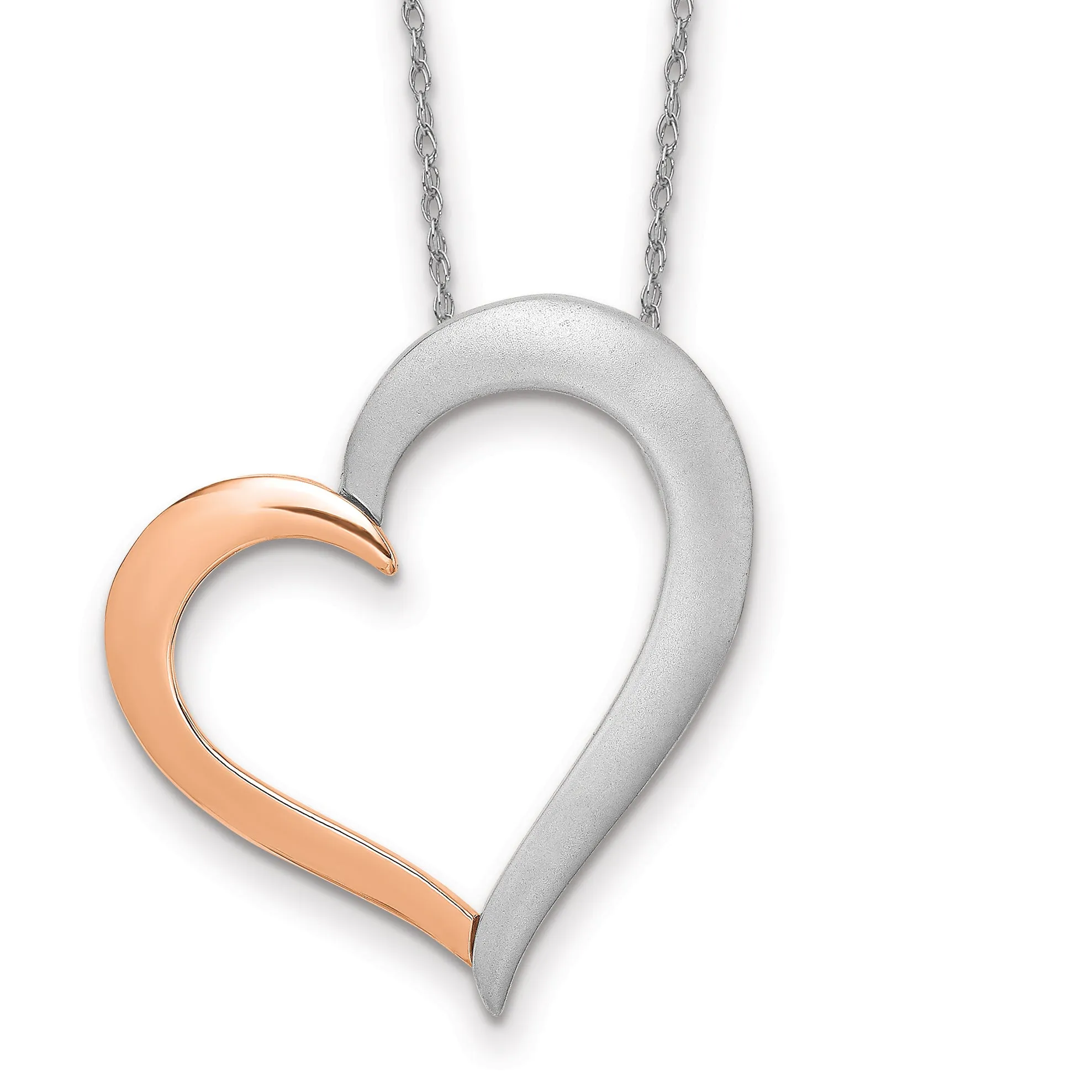 14k Two-tone Gold Polished Satin Heart Design Necklace Pendant