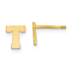 14K Yellow Gold Script Satin Brushed Finish Letter T Initial Earrings