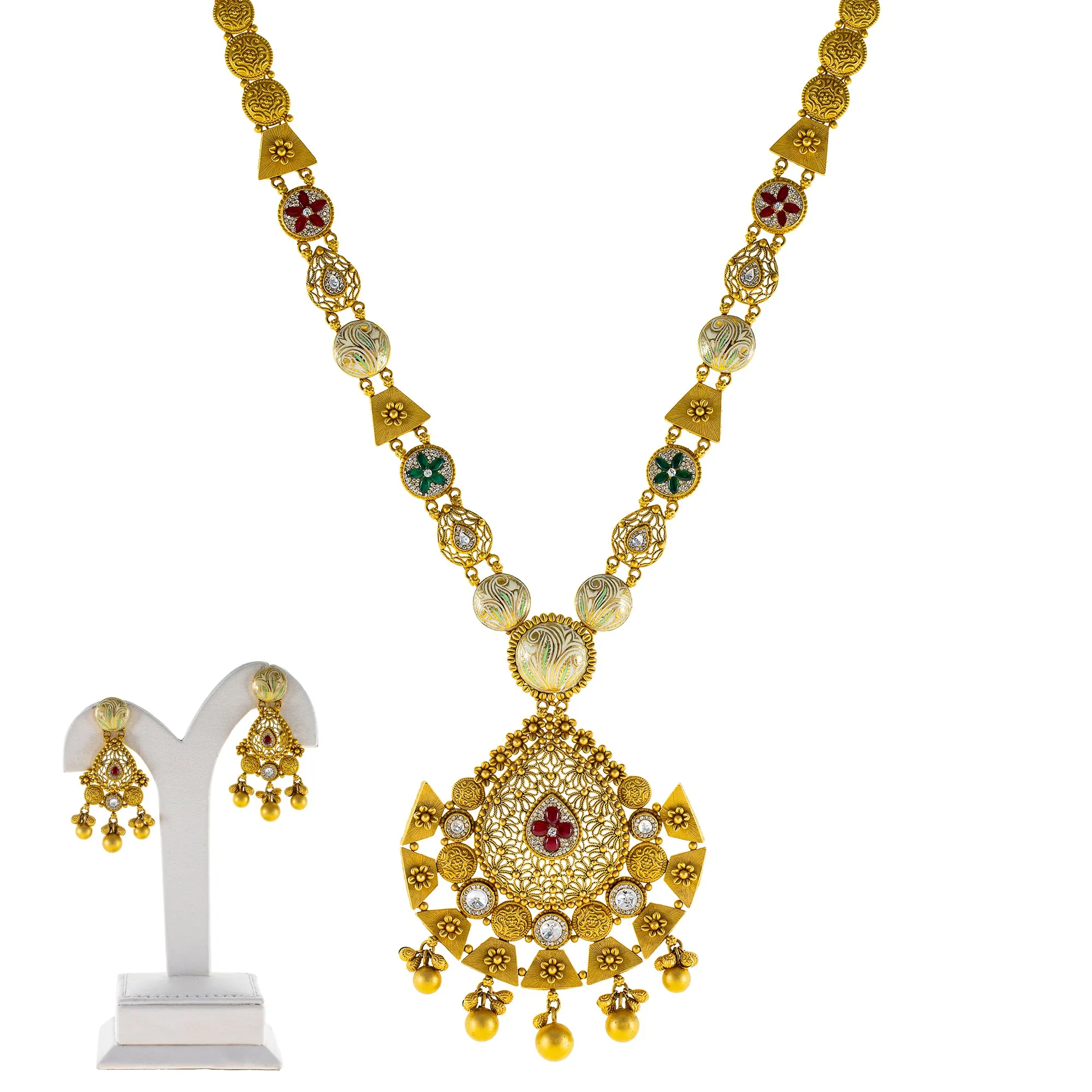 22K Yellow Gold Necklace Set w/ Kundan, Emerald, Ruby (82.5 gm)