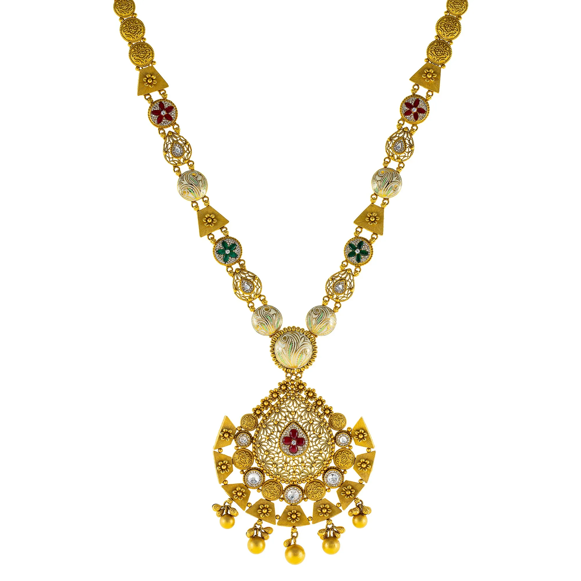 22K Yellow Gold Necklace Set w/ Kundan, Emerald, Ruby (82.5 gm)