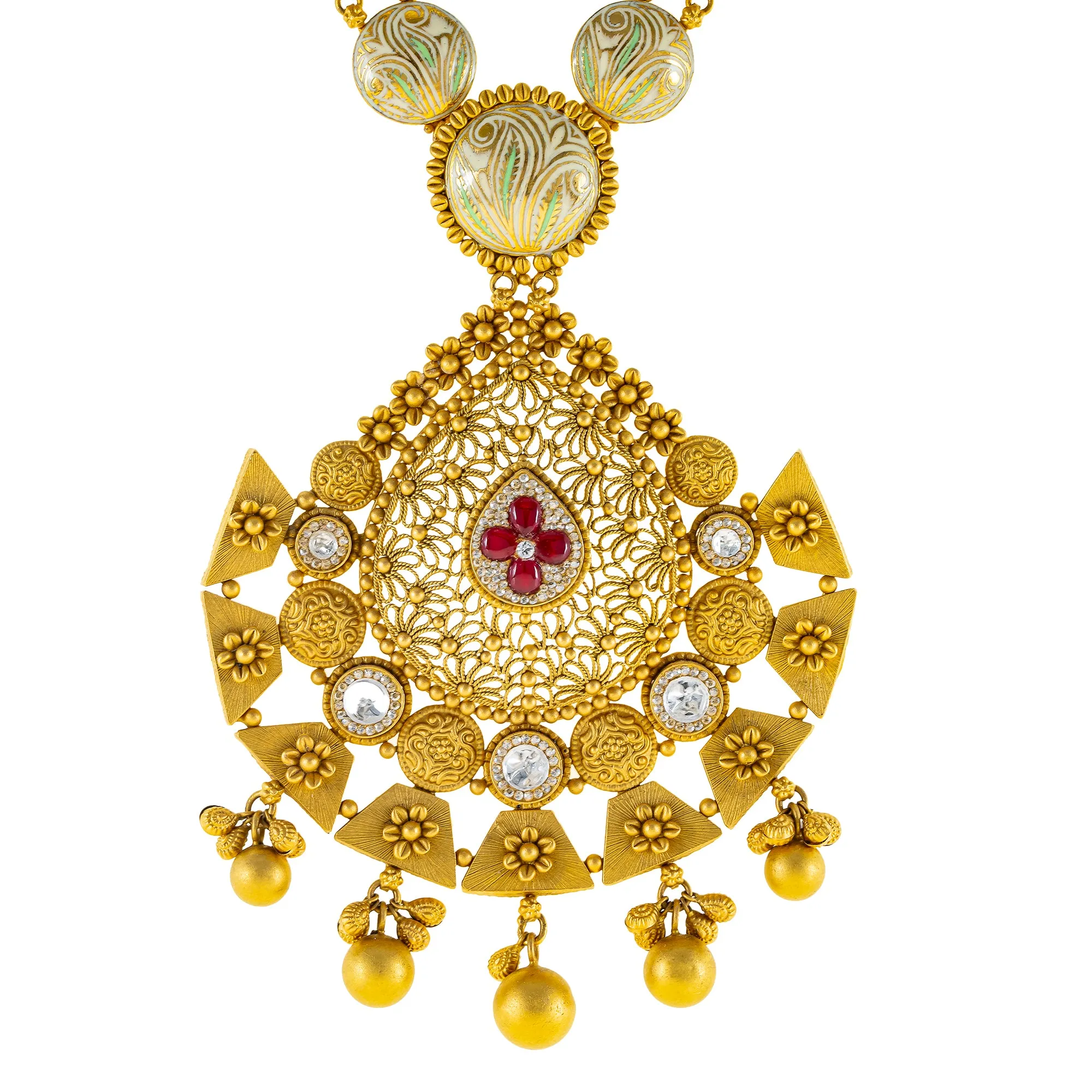 22K Yellow Gold Necklace Set w/ Kundan, Emerald, Ruby (82.5 gm)