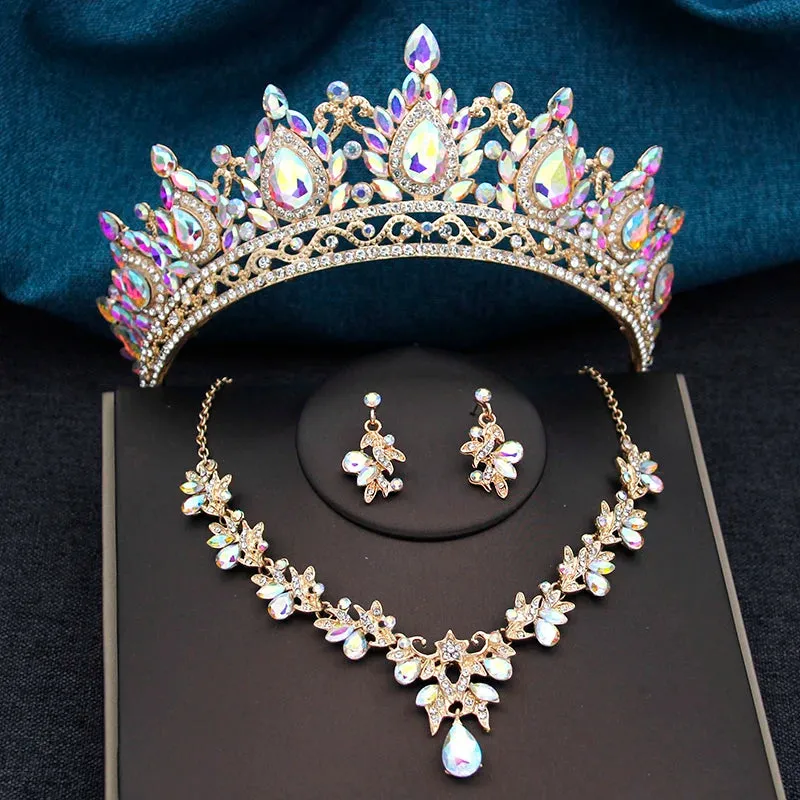 3 pcs Crown Sets Royal Queen Princess Tiara Necklace Set  Jewelry Accessories