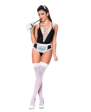 3 Piece French Maid Bodysuit, Apron & Head Piece Black/white