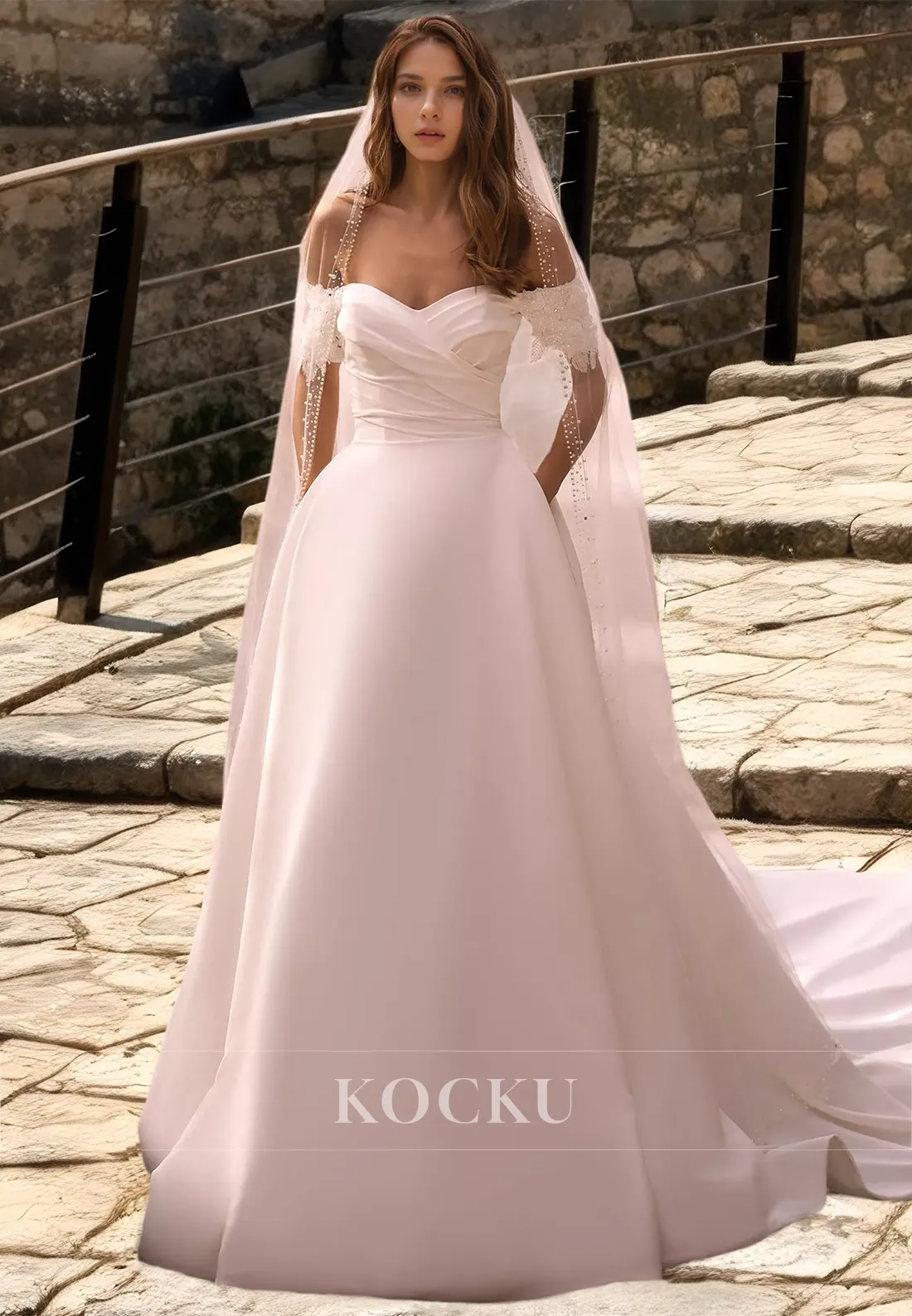 A-Line Sweetheart Sleeveless Train Ruched Appliques Satin Bridal Gowns Wedding Dress with Pocket