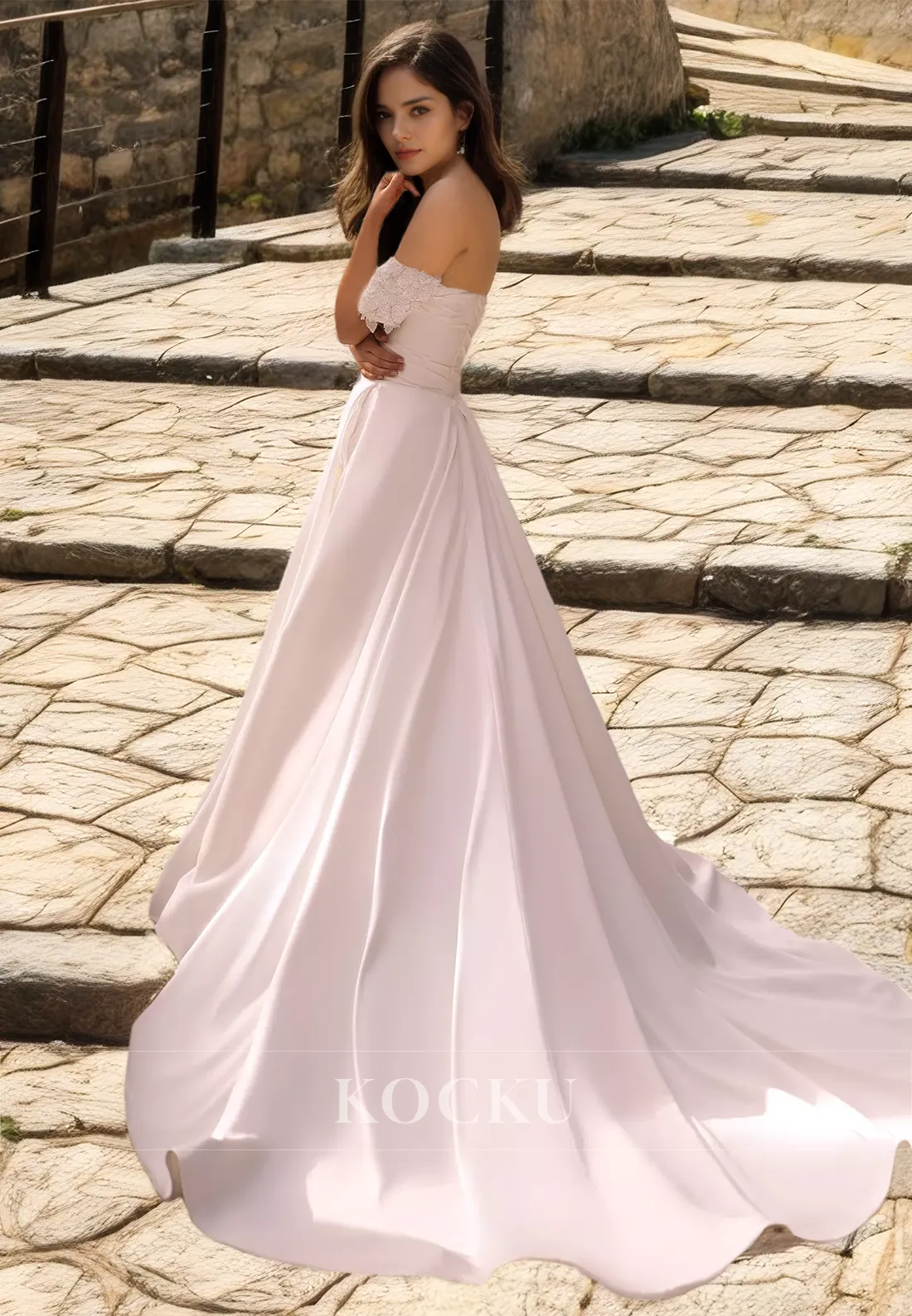 A-Line Sweetheart Sleeveless Train Ruched Appliques Satin Bridal Gowns Wedding Dress with Pocket