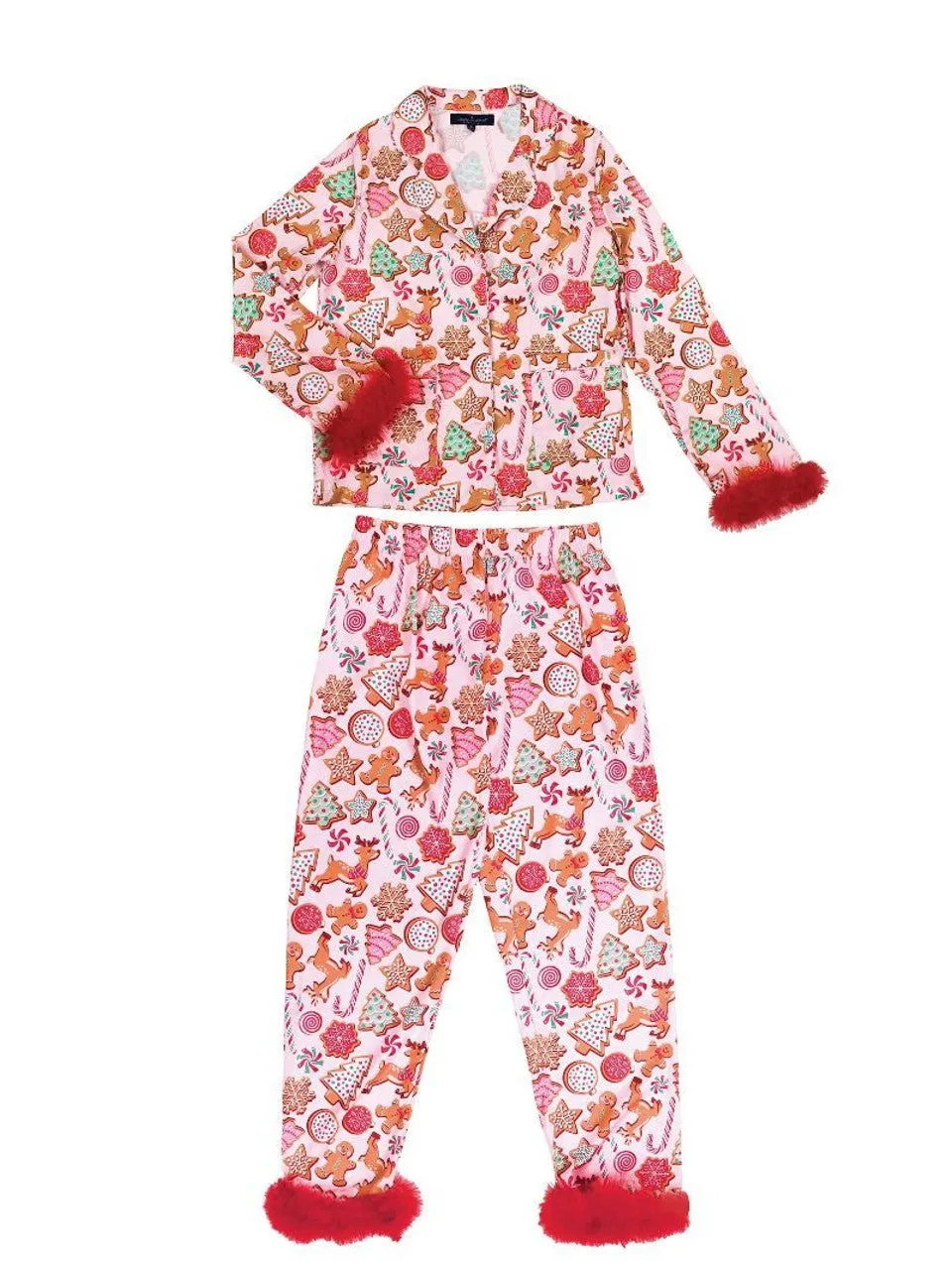 Adult Gingerbread Cookie Silky Pajamas with Feather Trim