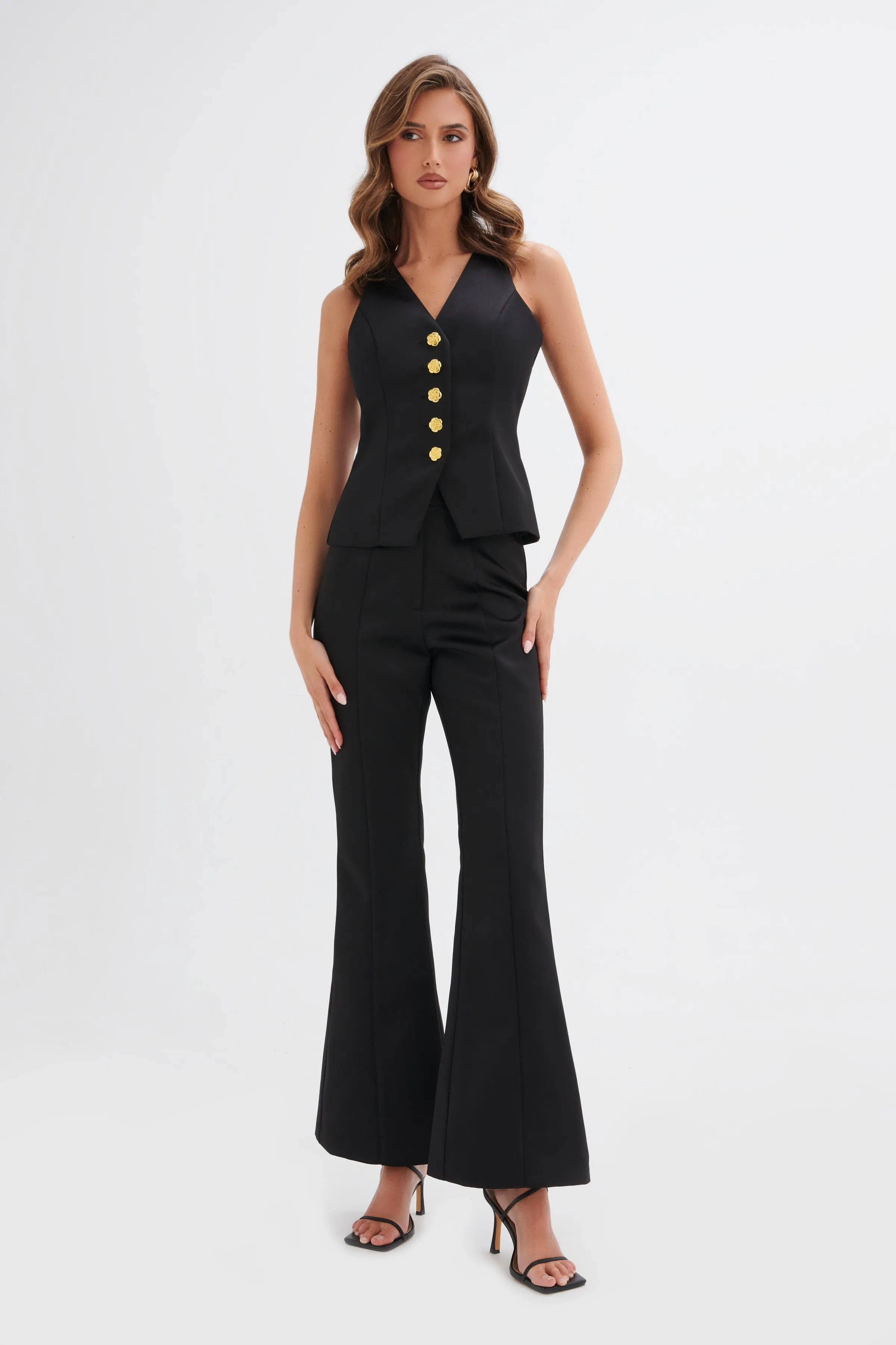 ARIA Rose Button Bonded Satin Waistcoat in Black