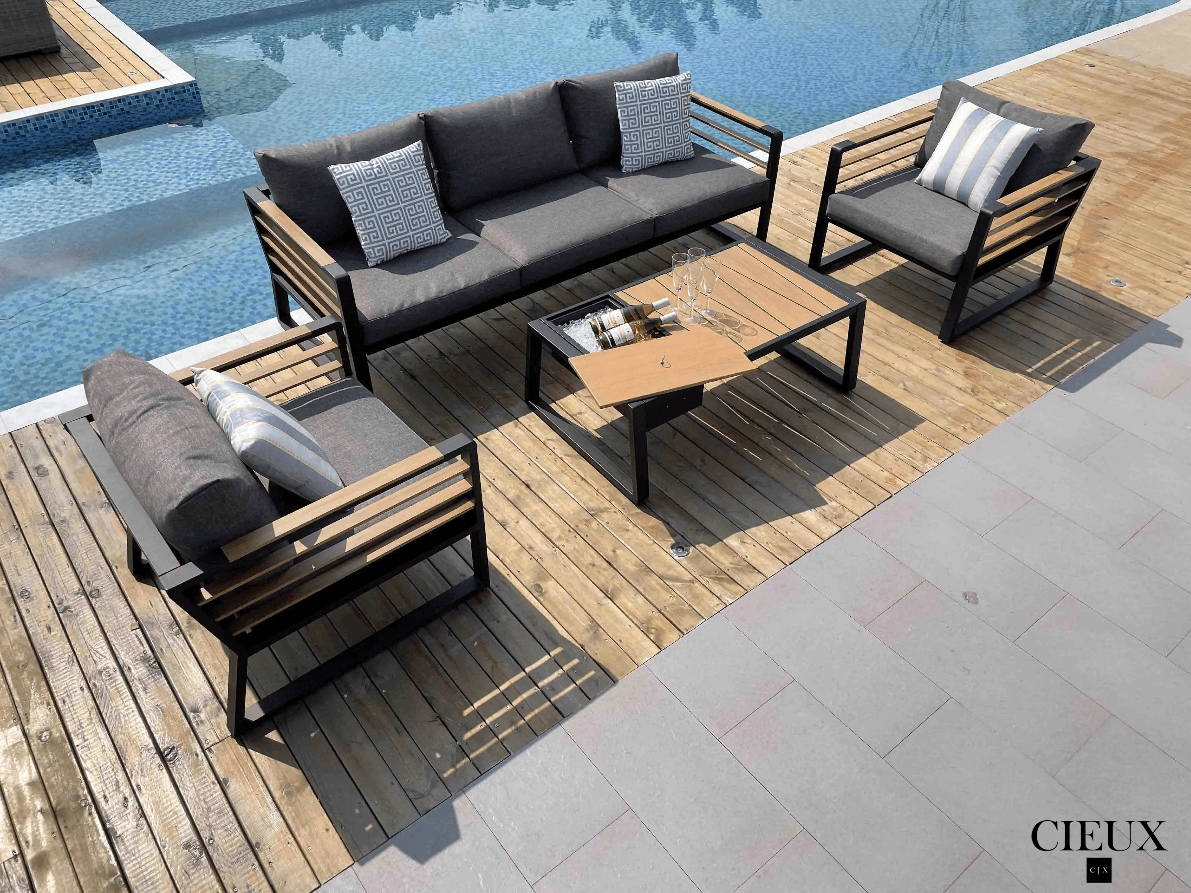 Avignon Outdoor Patio Aluminum Metal Sofa Conversation Set in Midnight Grey with Sunbrella Cushions - Available in 2 Colours