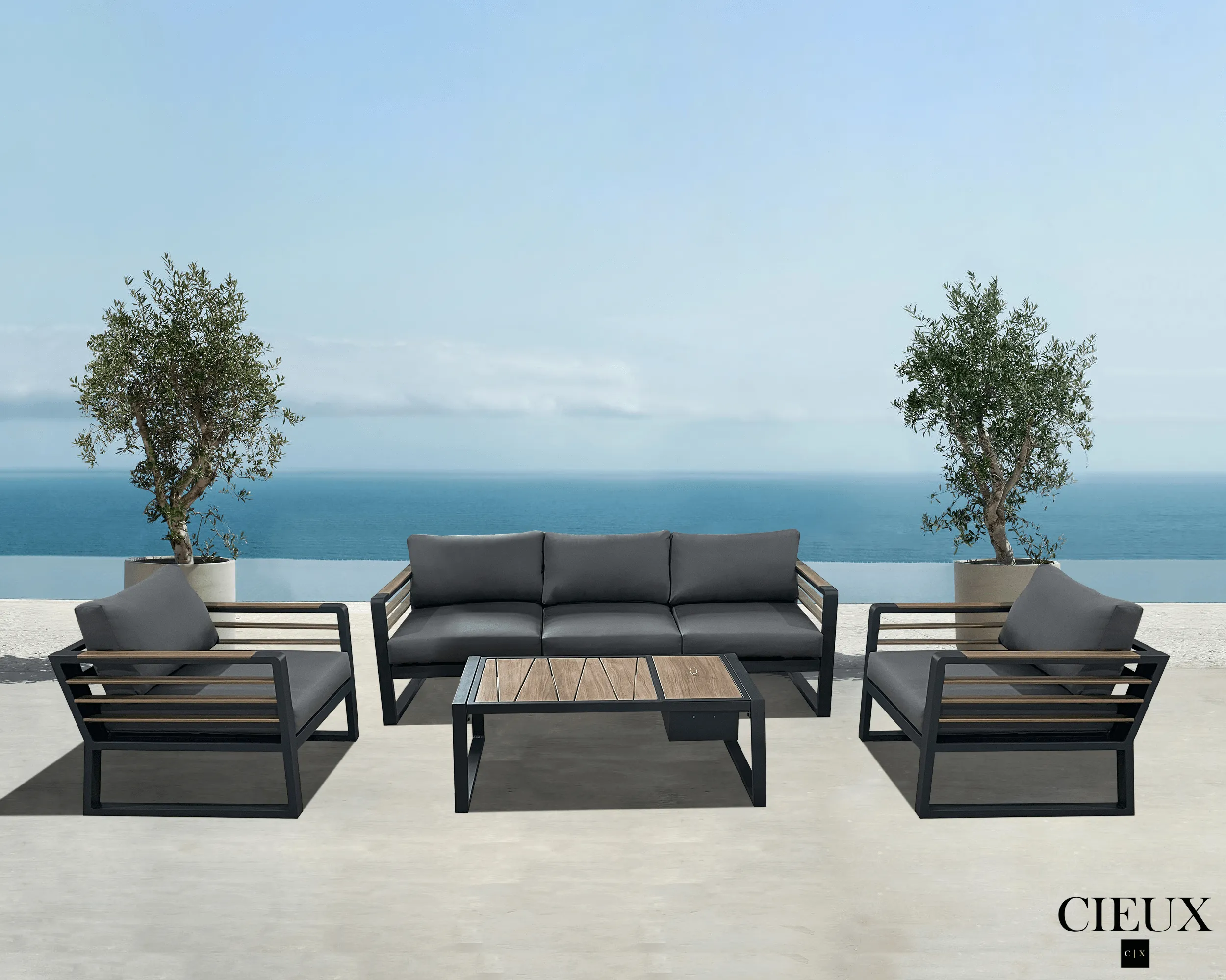 Avignon Outdoor Patio Aluminum Metal Sofa Conversation Set in Midnight Grey with Sunbrella Cushions - Available in 2 Colours