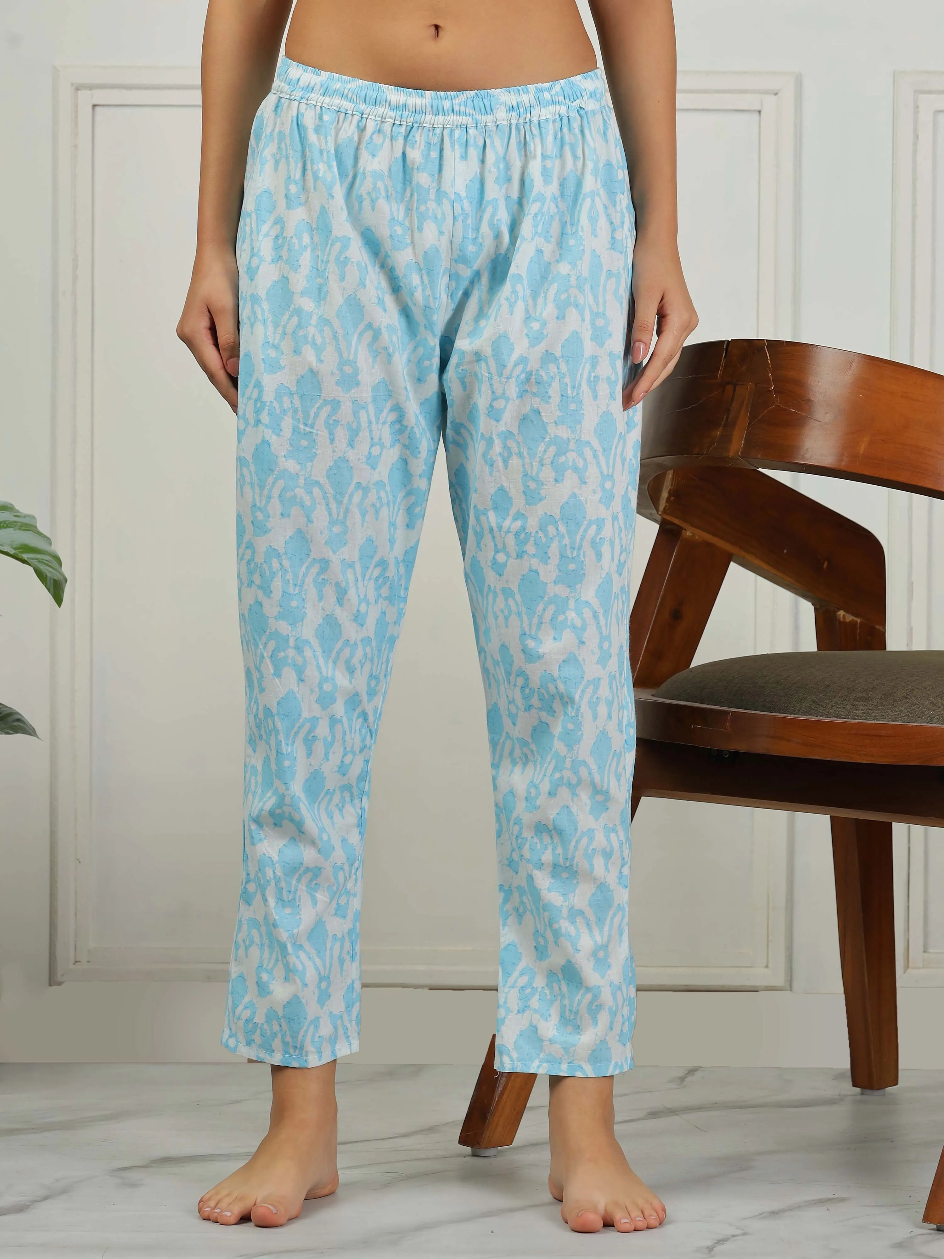 Baby Blue Cotton Pajama Set for Women Relaxed Loungewear Set