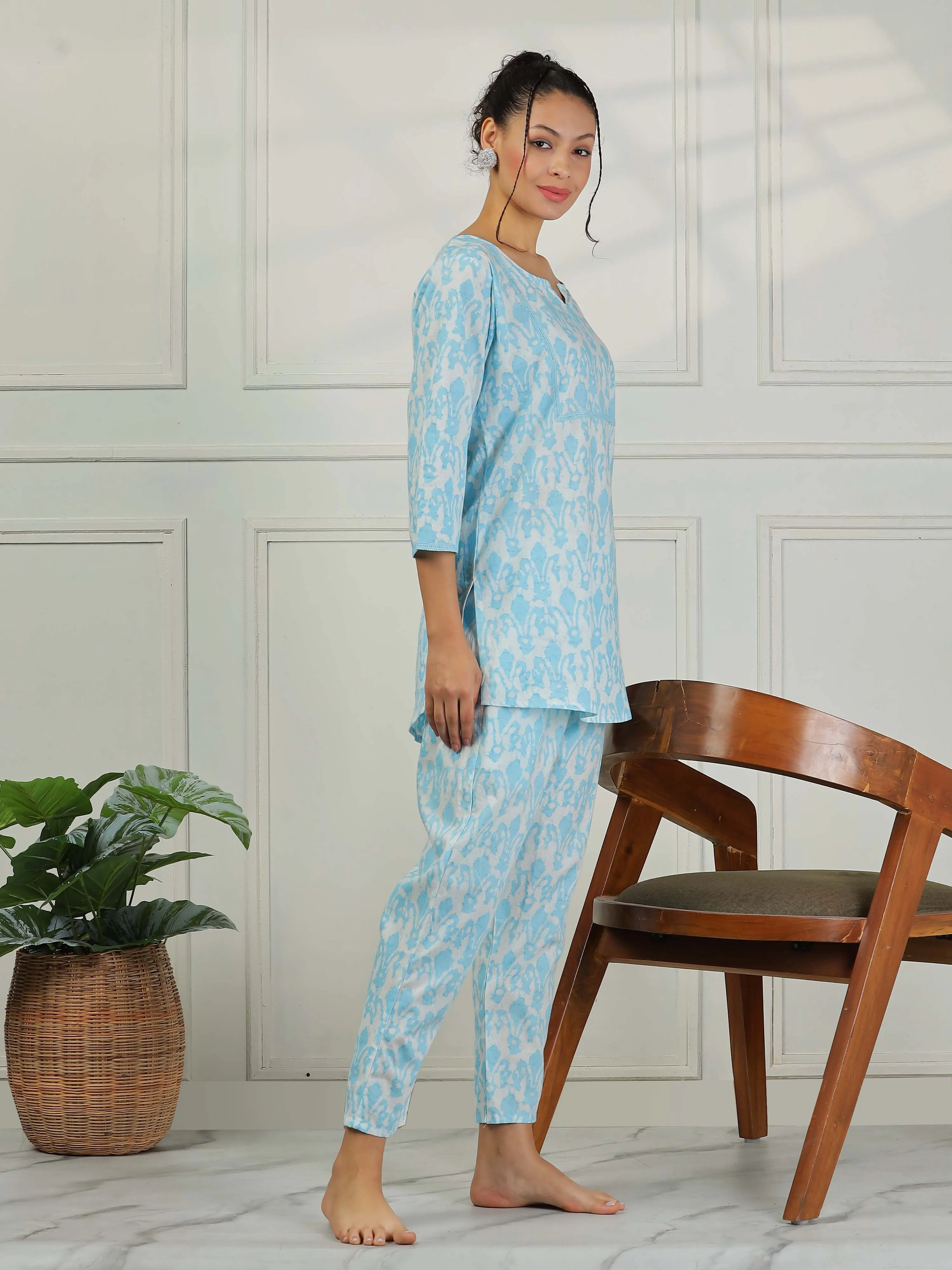 Baby Blue Cotton Pajama Set for Women Relaxed Loungewear Set