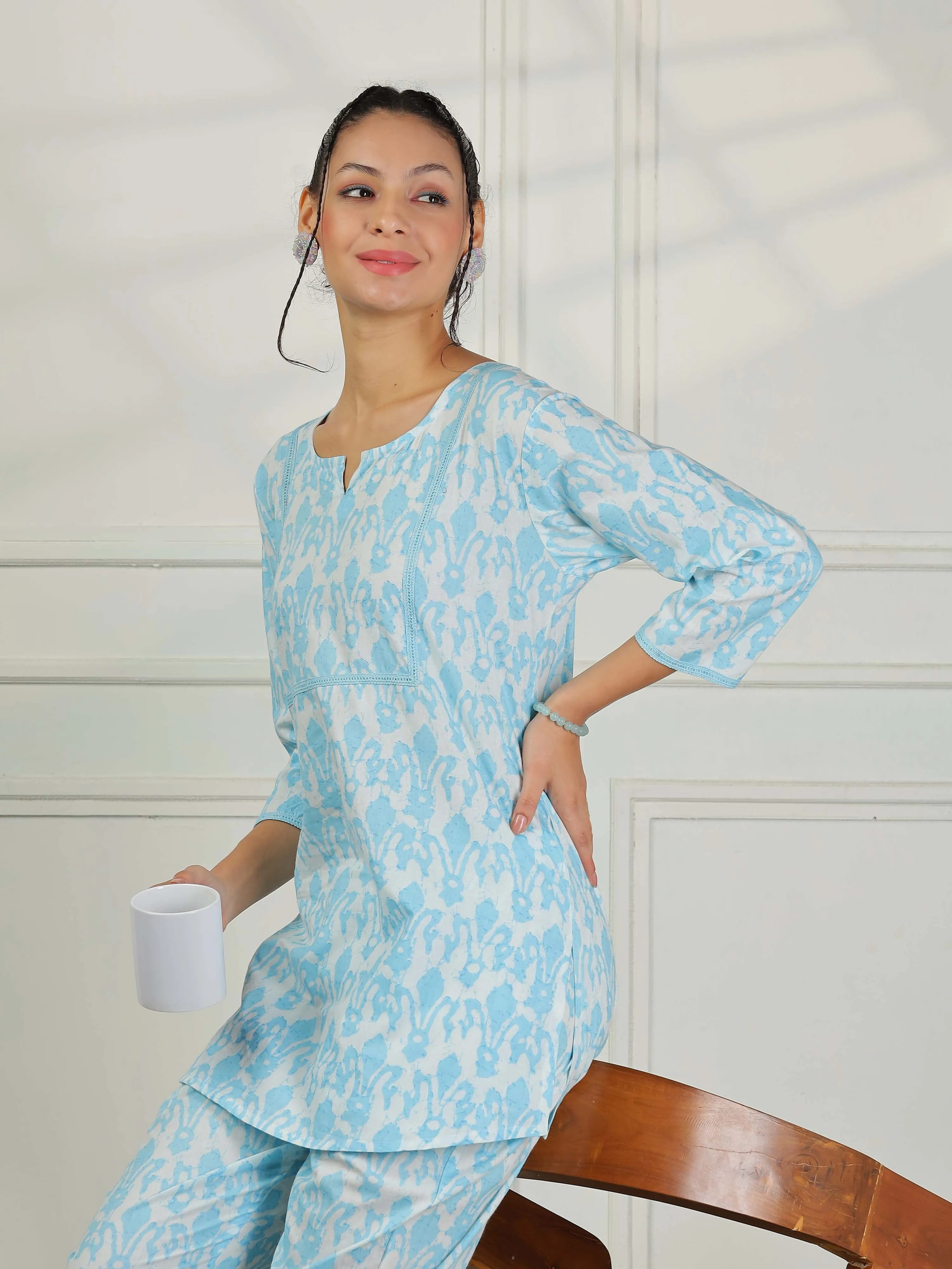 Baby Blue Cotton Pajama Set for Women Relaxed Loungewear Set