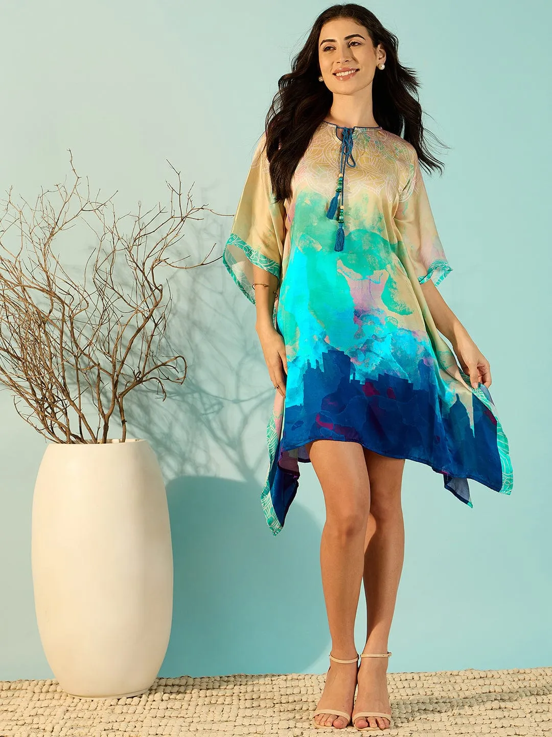 Beauty Blue Vibrant Satin Daywear Kaftan Dress For Women