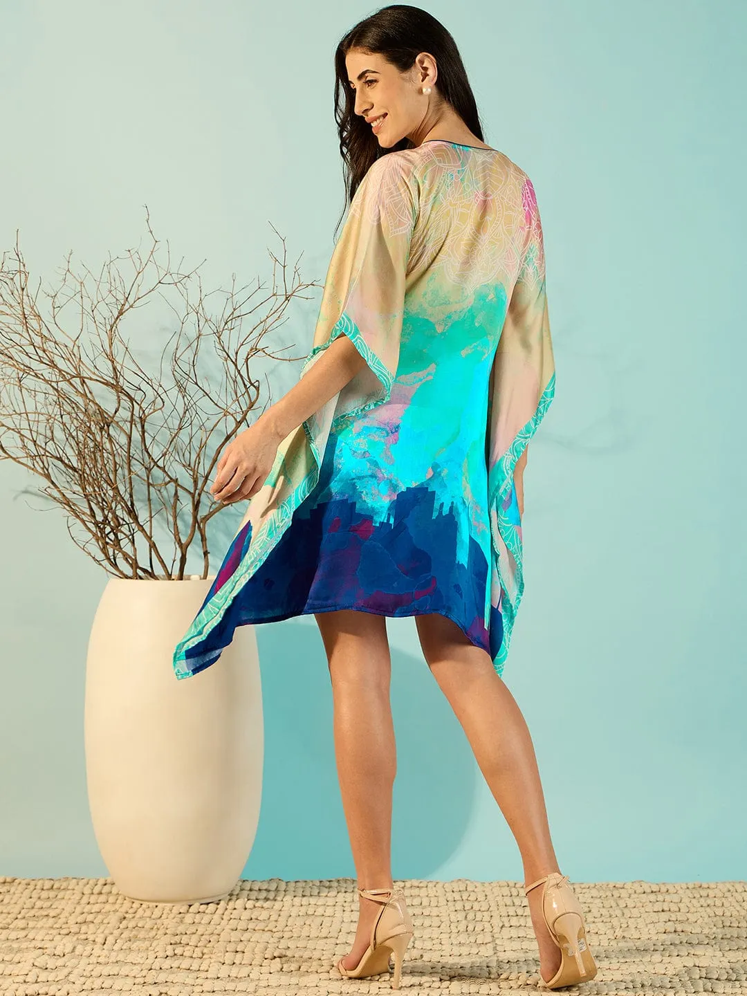 Beauty Blue Vibrant Satin Daywear Kaftan Dress For Women