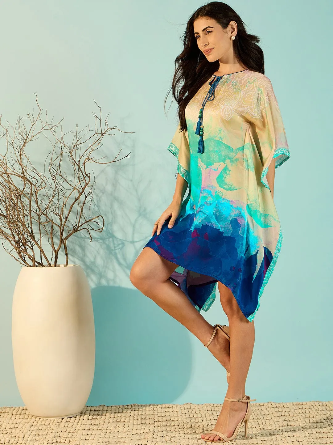 Beauty Blue Vibrant Satin Daywear Kaftan Dress For Women