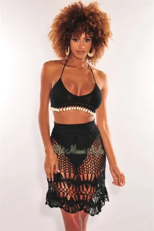 Black Crochet Halter Cowrie Shells Skirt Two Piece Set Cover Up