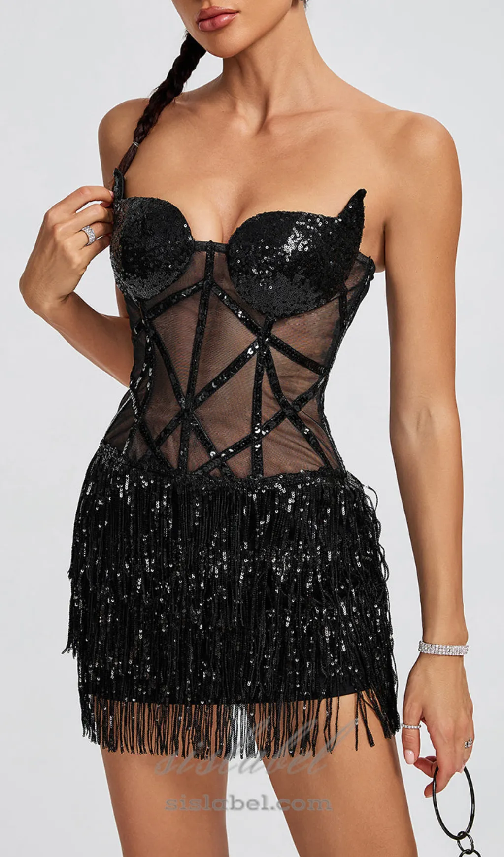 BLACK MESH SEQUINS BEADING CORSET MINI DRESS