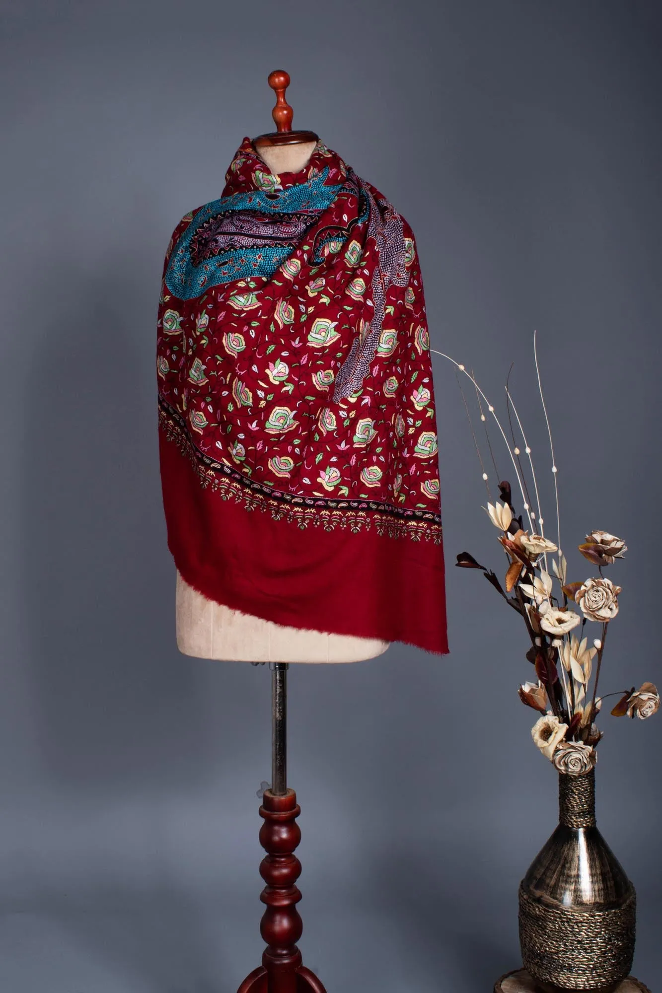 Blood Red Pashmina Embroidered with Paisley Paper machie - BANDARBAN