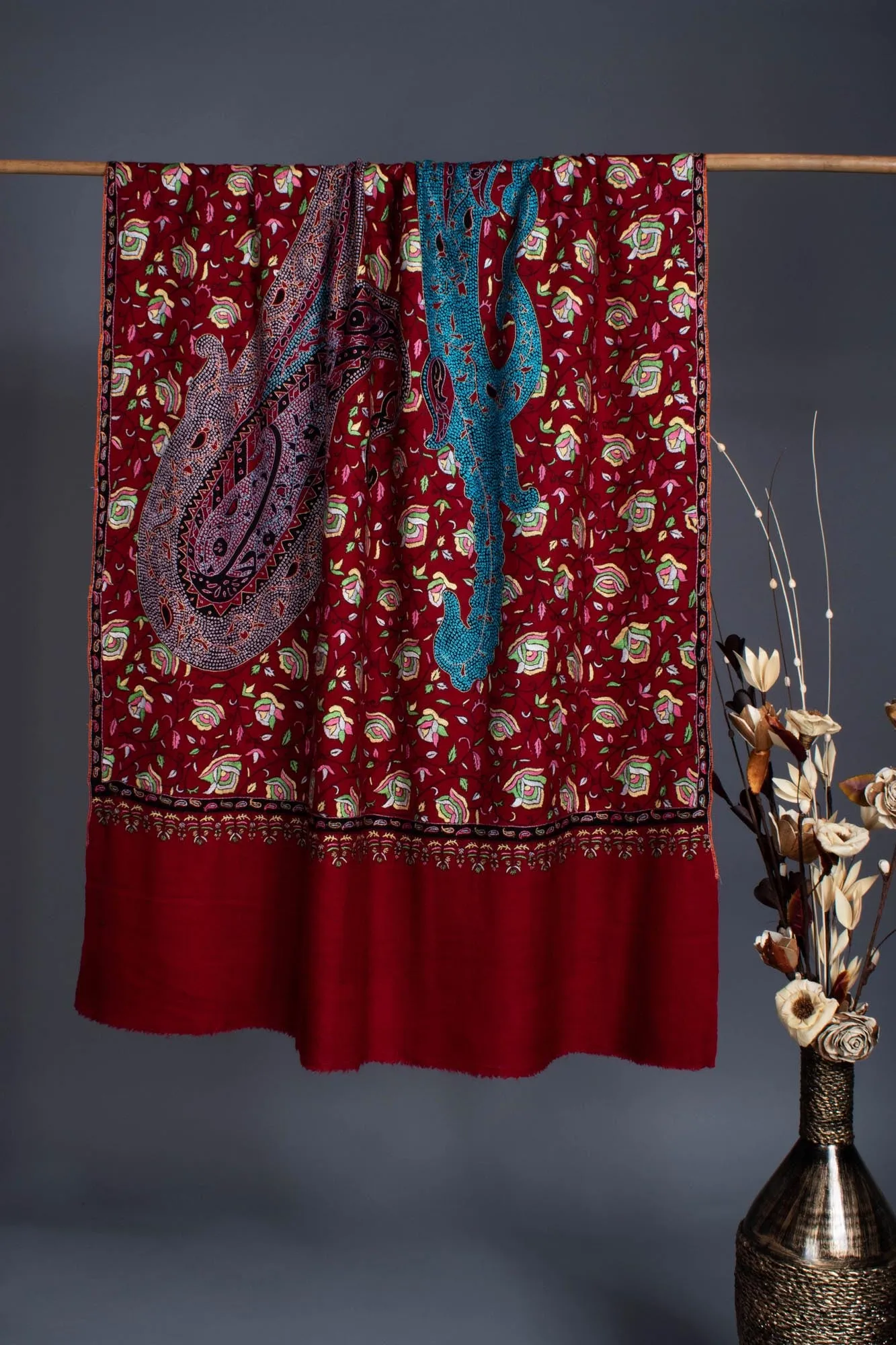 Blood Red Pashmina Embroidered with Paisley Paper machie - BANDARBAN