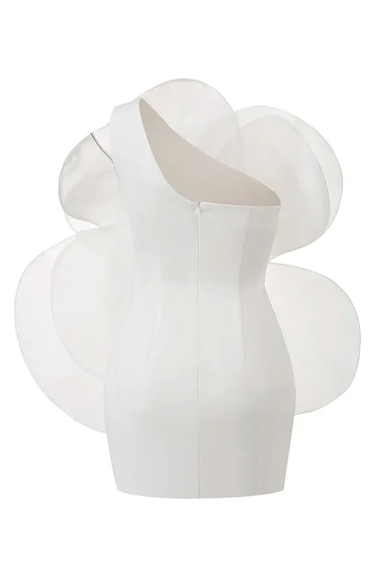 Blooming Rosette Applique One Shoulder Silky Satin Party Mini Dress - White