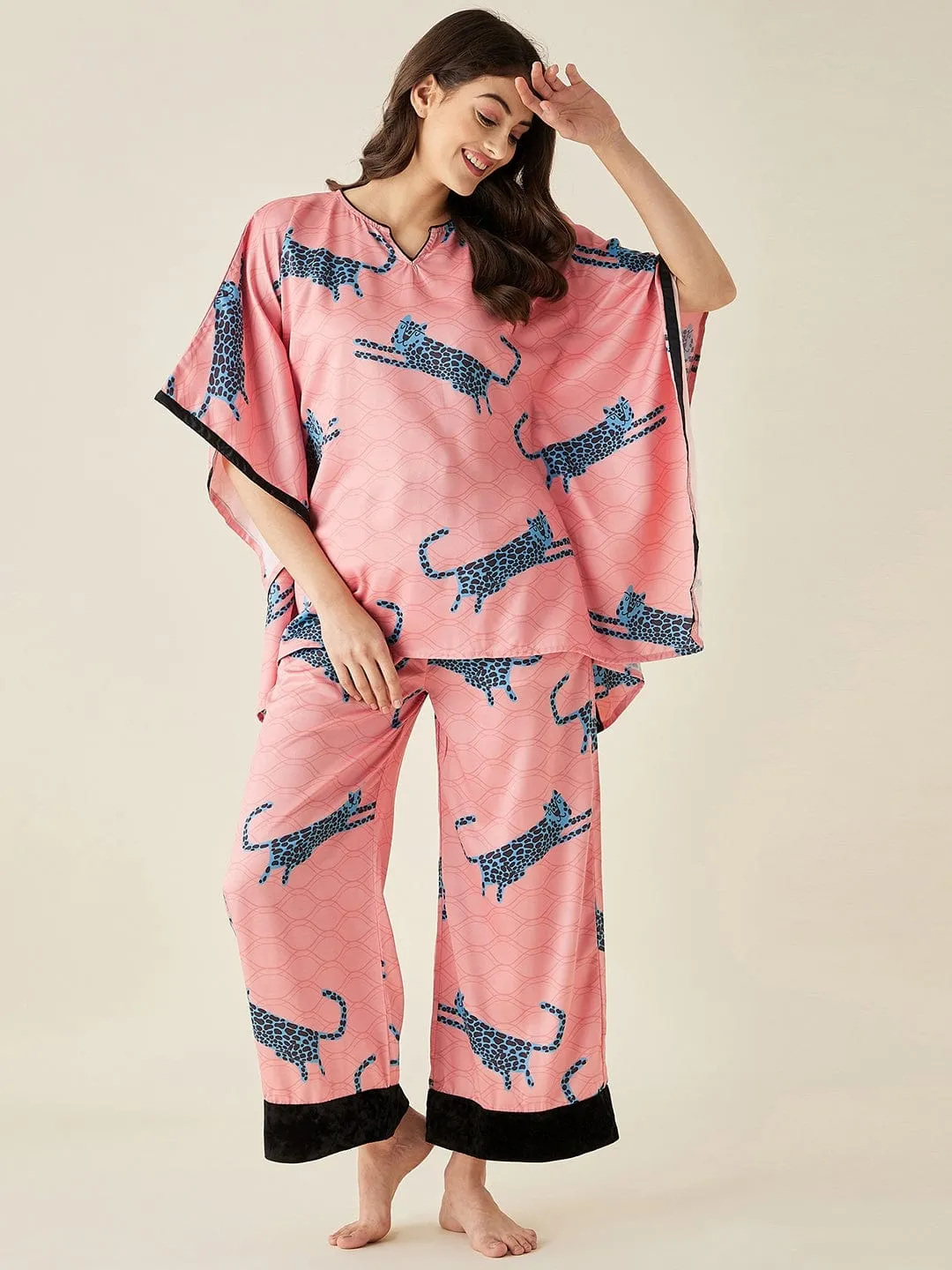 Blue Leopard Satin Kaftan Pyjama Set