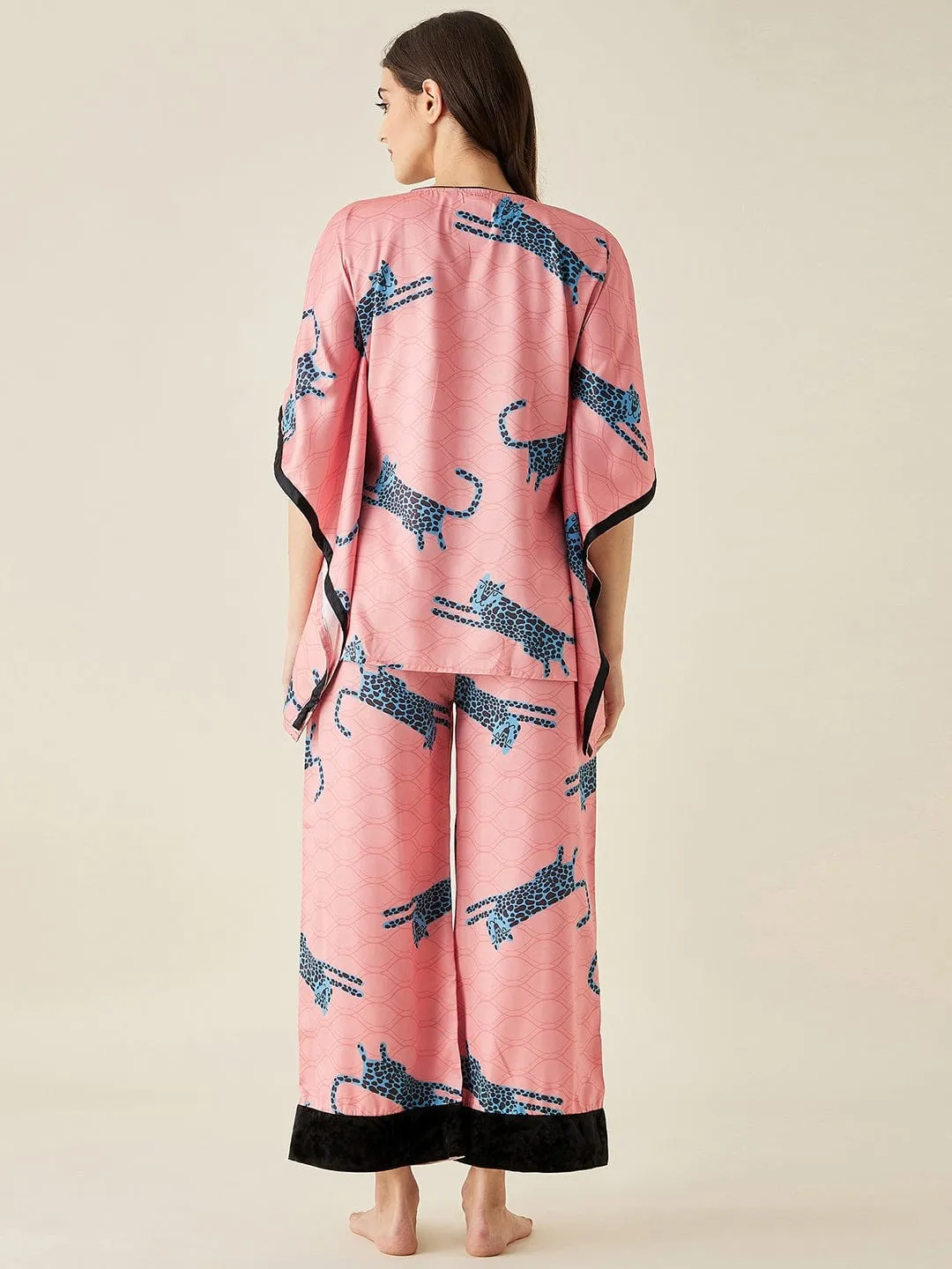 Blue Leopard Satin Kaftan Pyjama Set