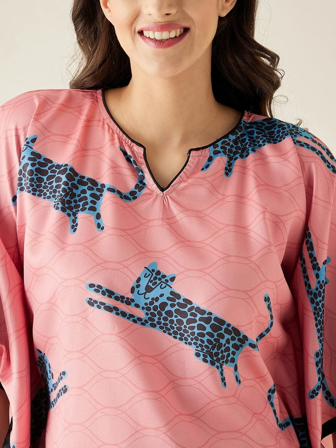 Blue Leopard Satin Kaftan Pyjama Set