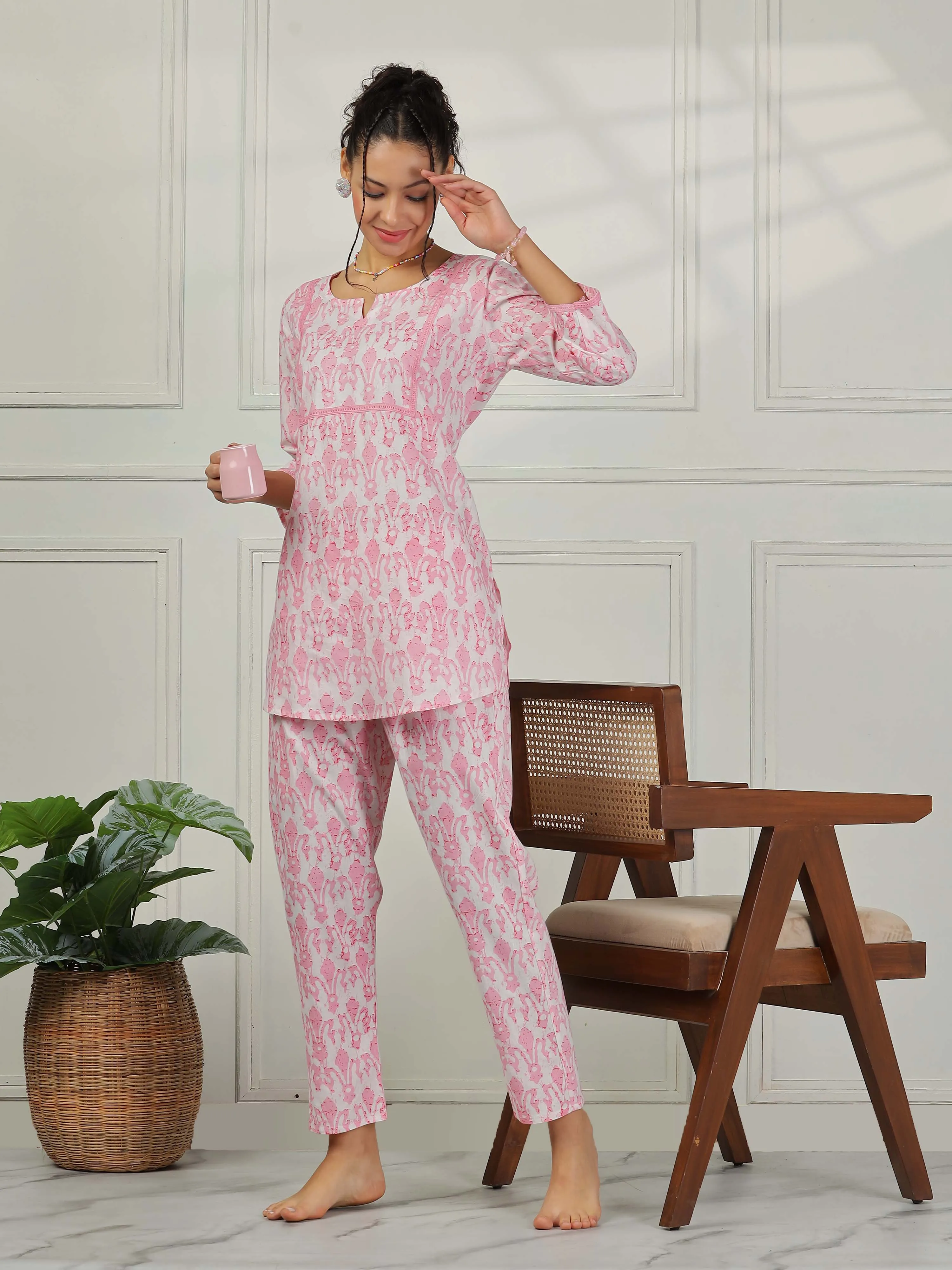 Blush Pink Cotton Pajama Set for Women Elegant Floral Sleepwear