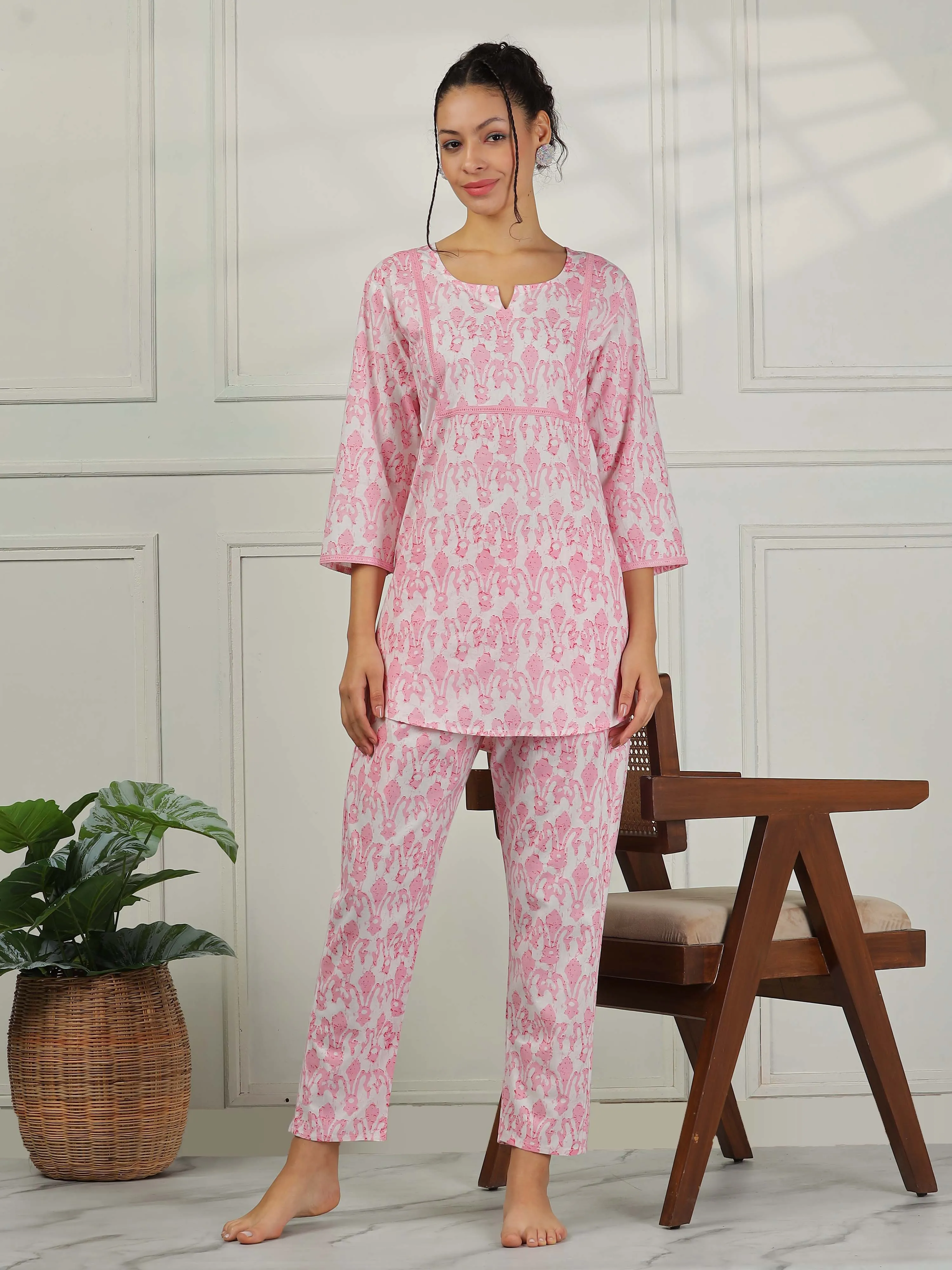 Blush Pink Cotton Pajama Set for Women Elegant Floral Sleepwear