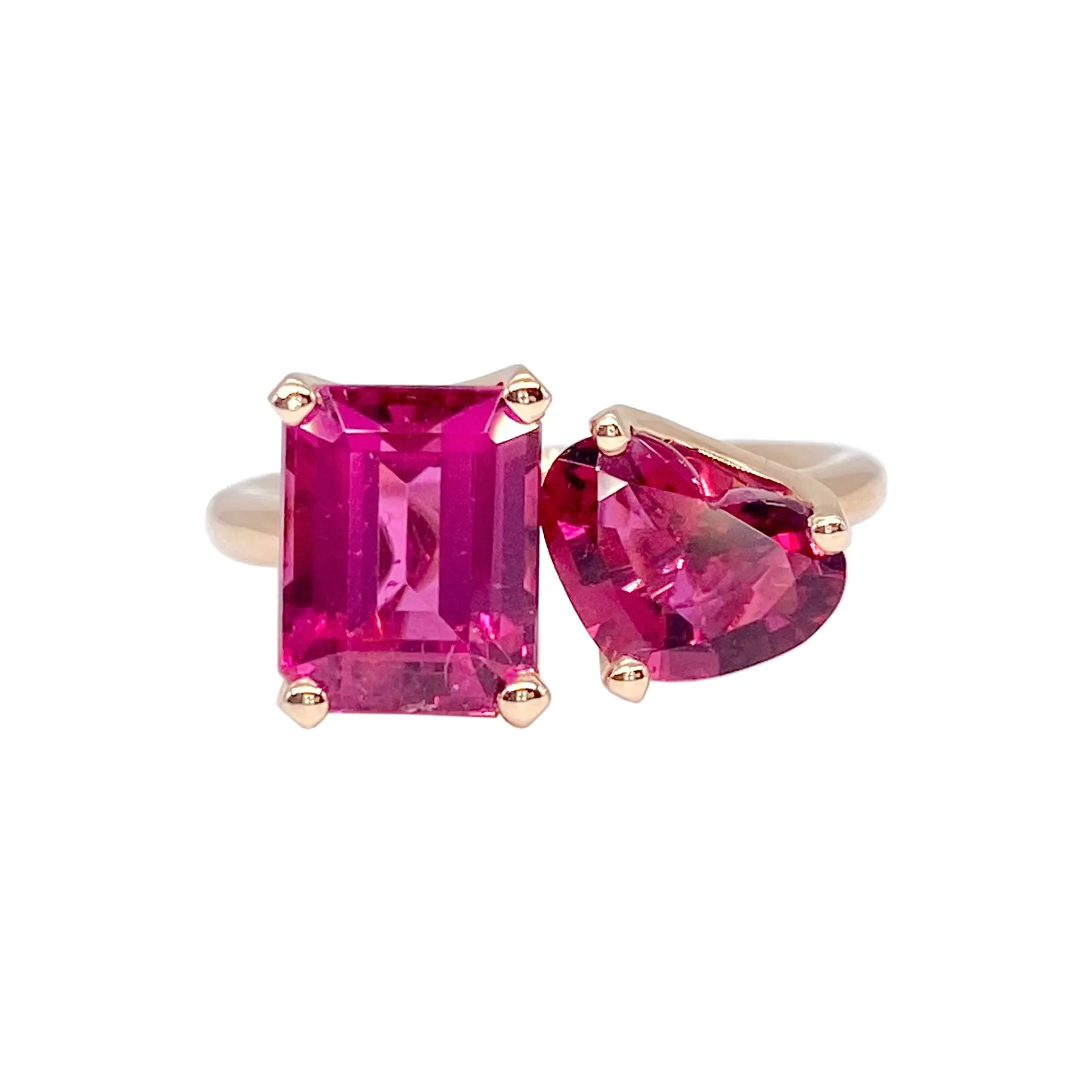 Bold 2-Stone Ring with Rubellite Tourmaline Emerald Cut & Heart