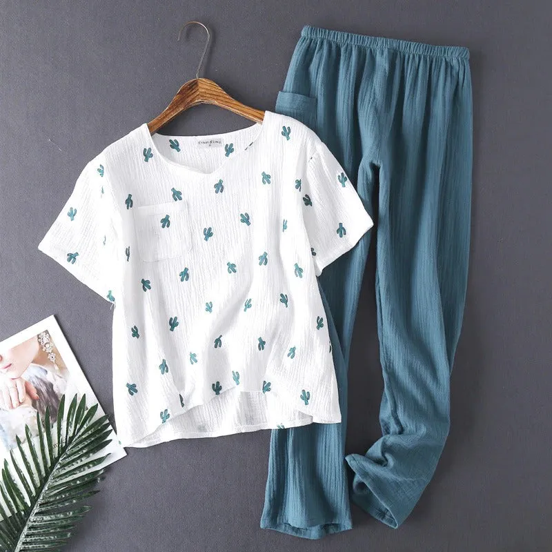 Cactus Print V-Neck Short Sleeve and Pants Pajama Set