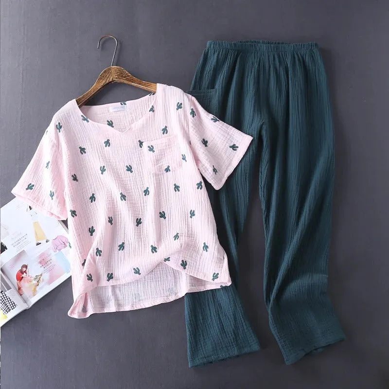 Cactus Print V-Neck Short Sleeve and Pants Pajama Set