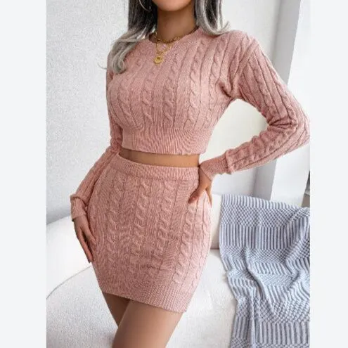 Casual Knit Crop Tops & Bodycon Skirt Twist Solid Color Womens 2 Piece Sets