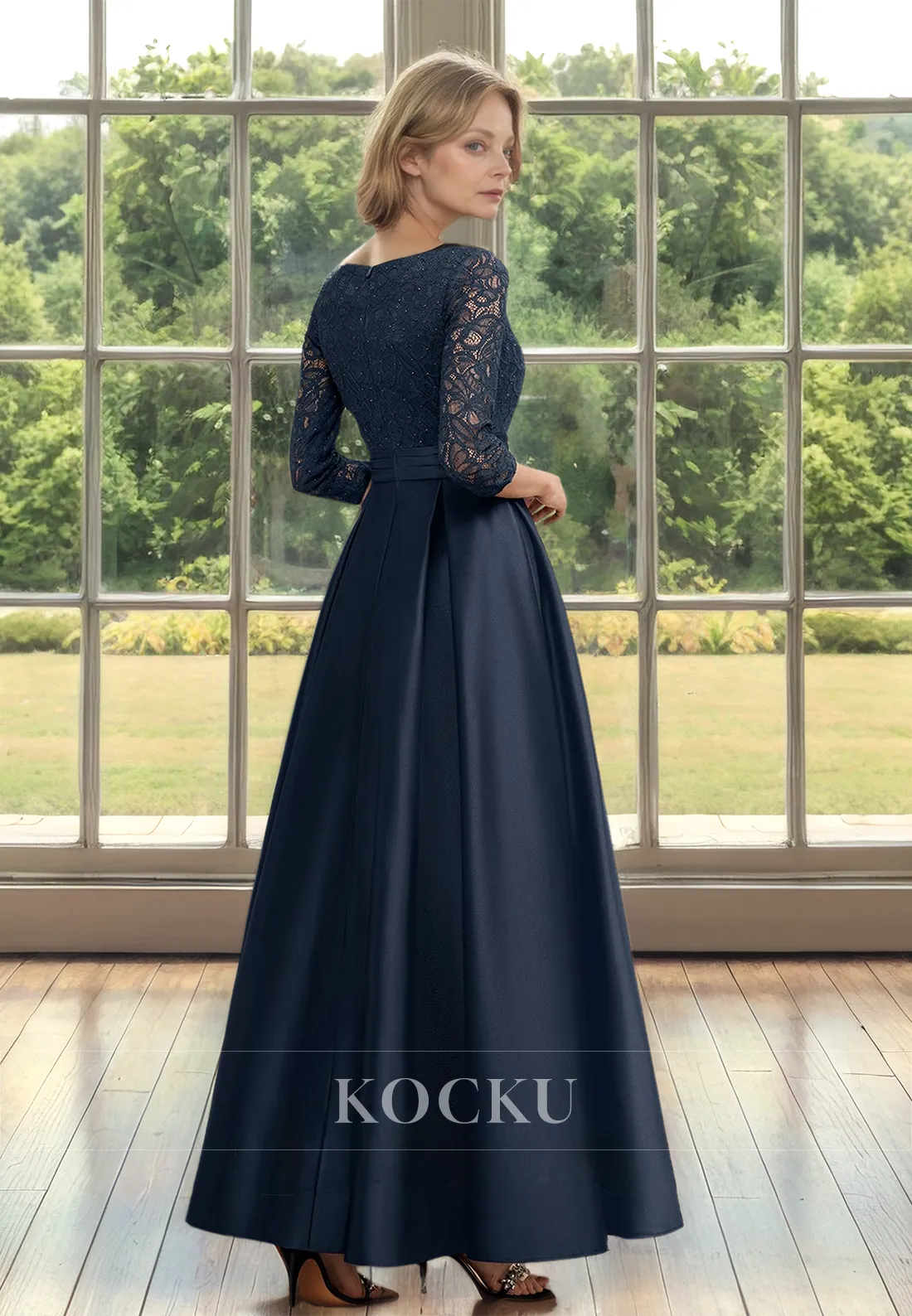 Chic&Modern A-Line V-Neck Long Sleeves Satin Cocktail Gowns Mother of Bride with Appliques