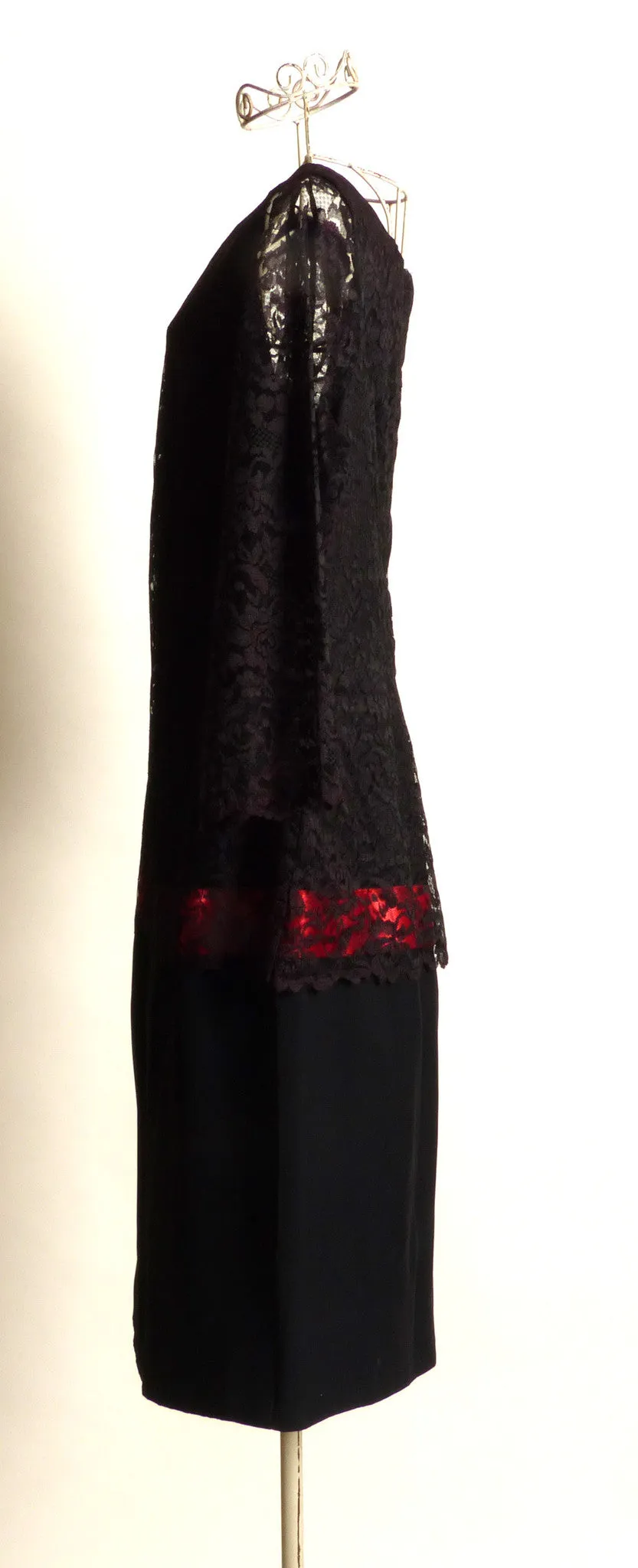 Circa 1960s Black Silk Crepe Lace Dress with Pink Accent