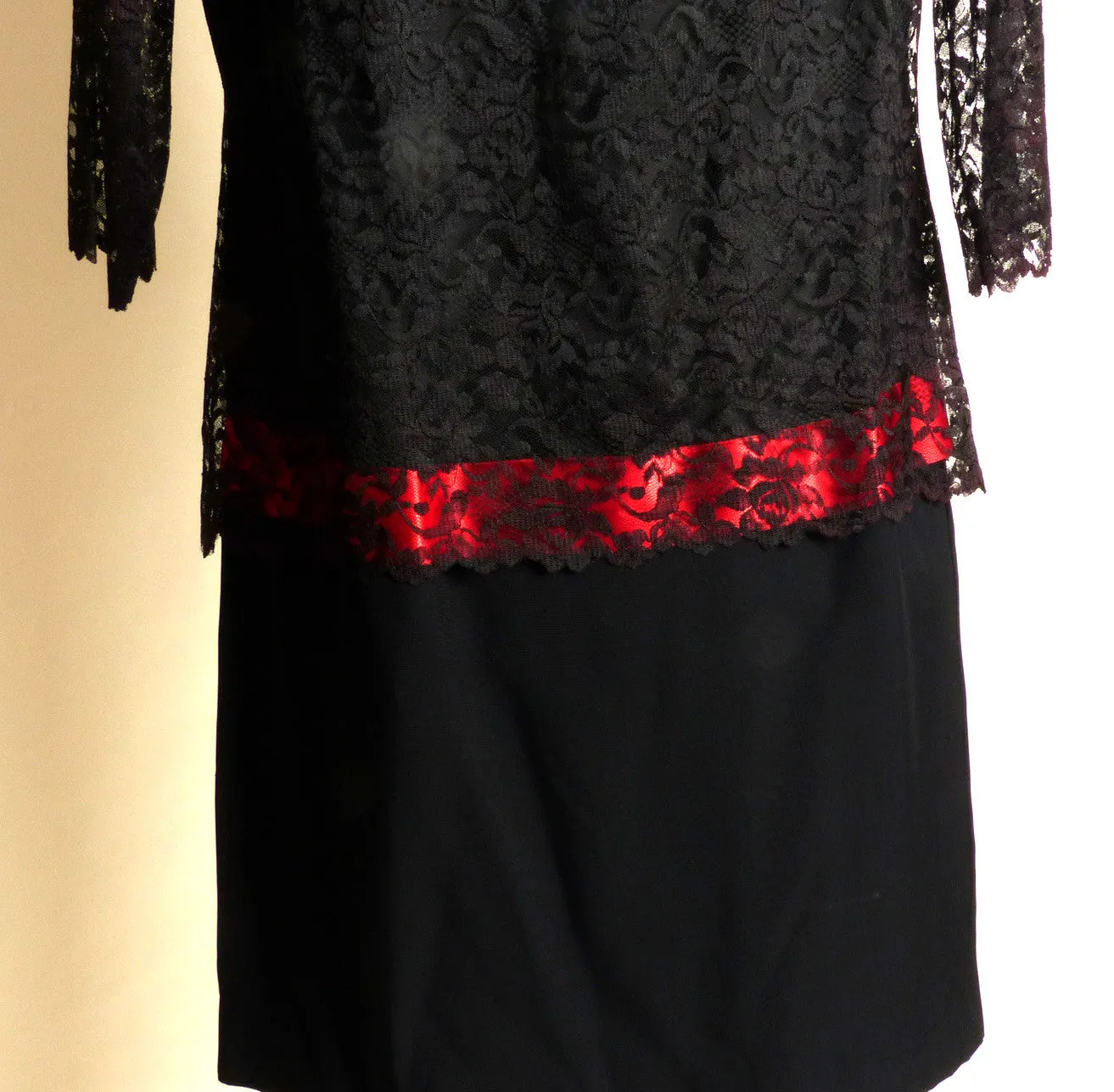 Circa 1960s Black Silk Crepe Lace Dress with Pink Accent