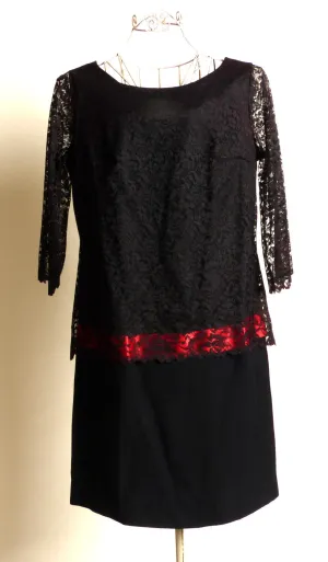 Circa 1960s Black Silk Crepe Lace Dress with Pink Accent