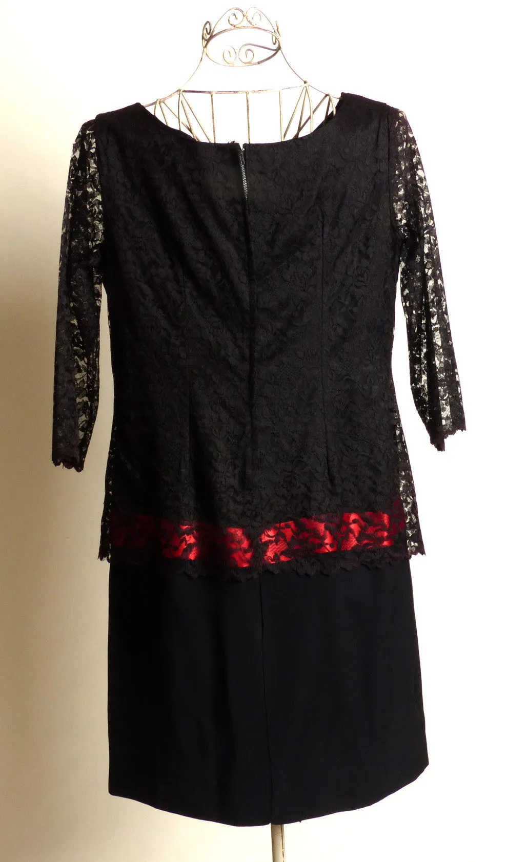 Circa 1960s Black Silk Crepe Lace Dress with Pink Accent