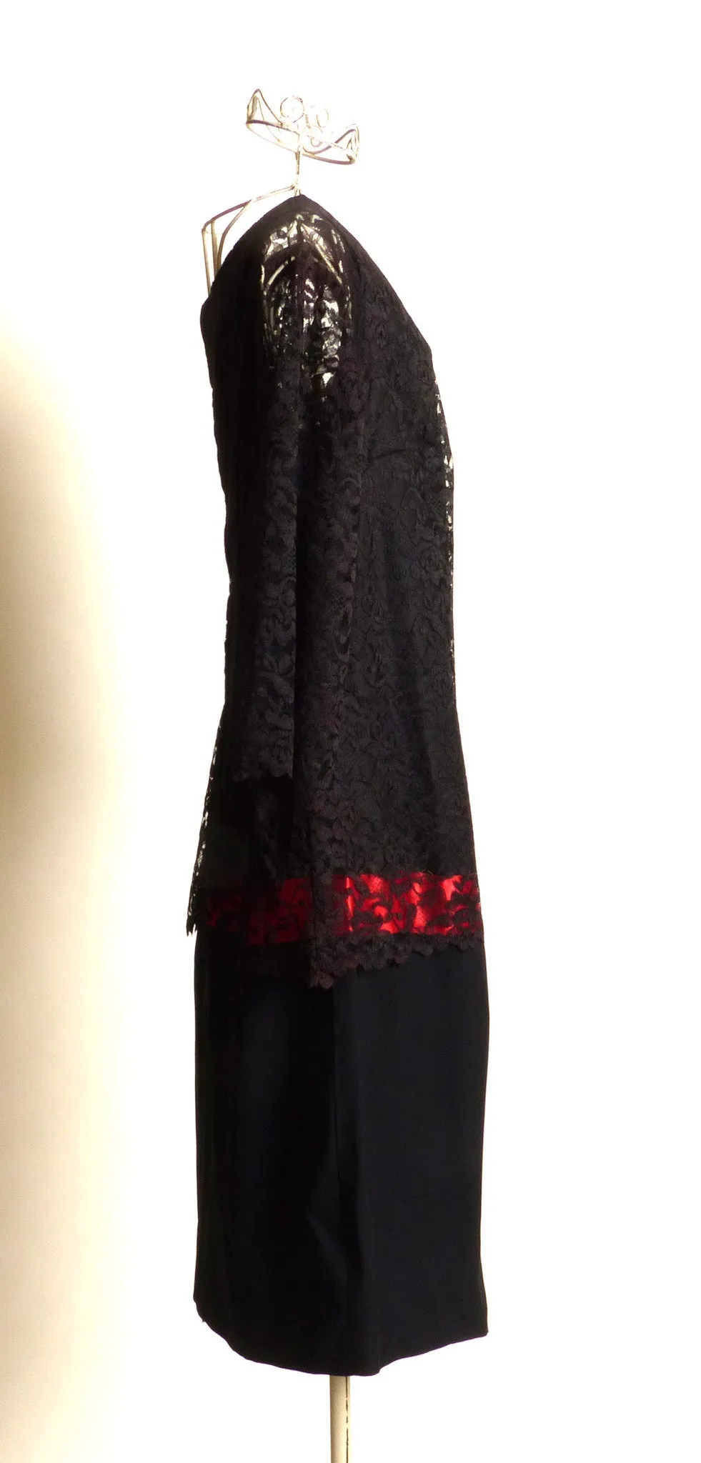 Circa 1960s Black Silk Crepe Lace Dress with Pink Accent