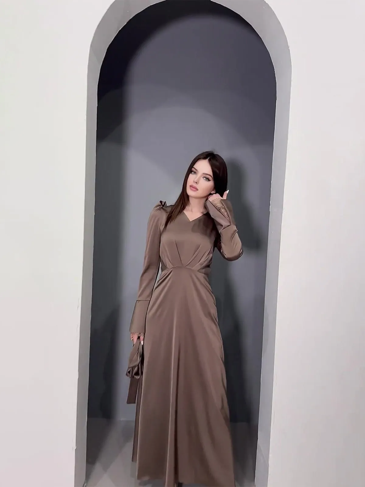 Classy Retro V-Neck Satin Maxi Dress