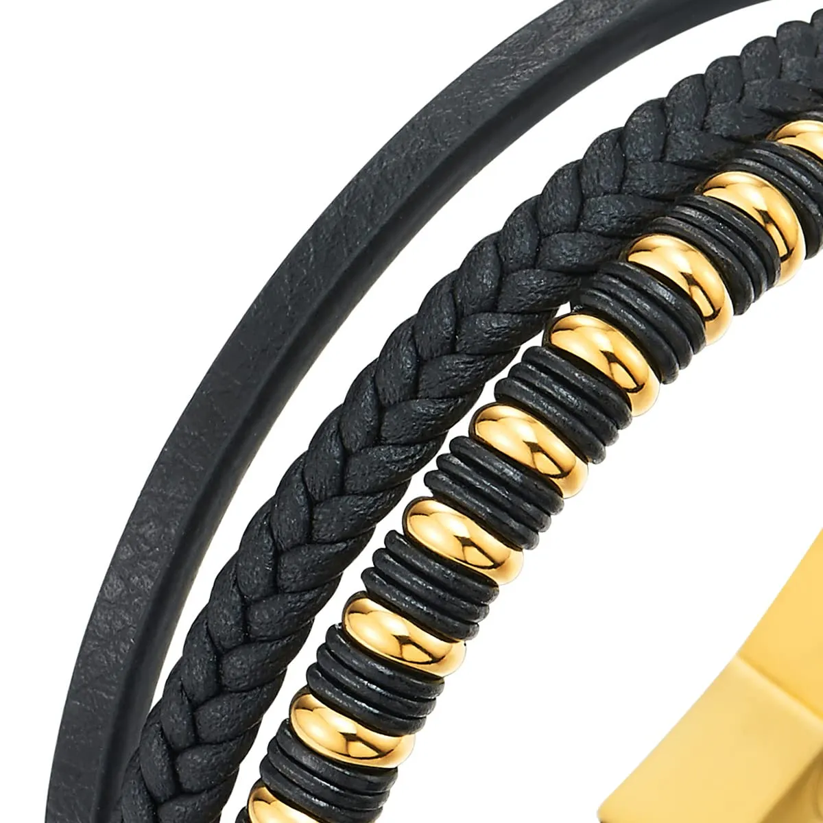 COOLSTEELANDBEYOND Mens Womens Black Leather Bracelet, Steel Gold Color Beads Rubber Ring Charm, Three-Strand Braided