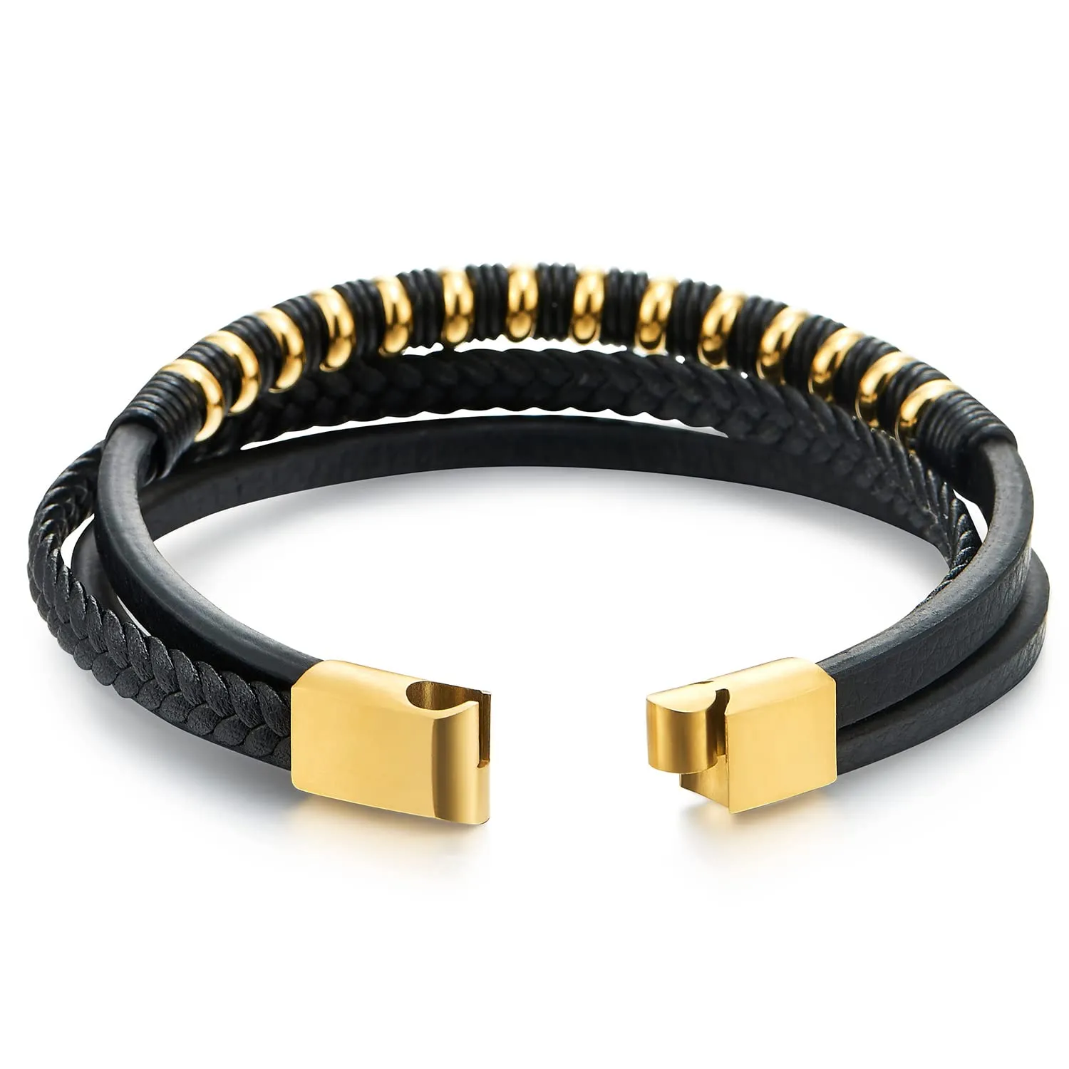 COOLSTEELANDBEYOND Mens Womens Black Leather Bracelet, Steel Gold Color Beads Rubber Ring Charm, Three-Strand Braided