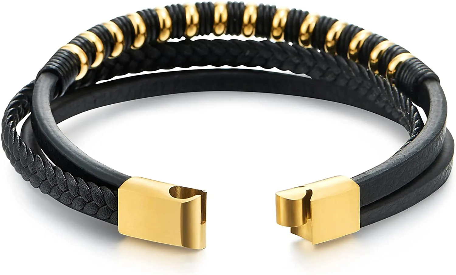 COOLSTEELANDBEYOND Mens Womens Black Leather Bracelet, Steel Gold Color Beads Rubber Ring Charm, Three-Strand Braided