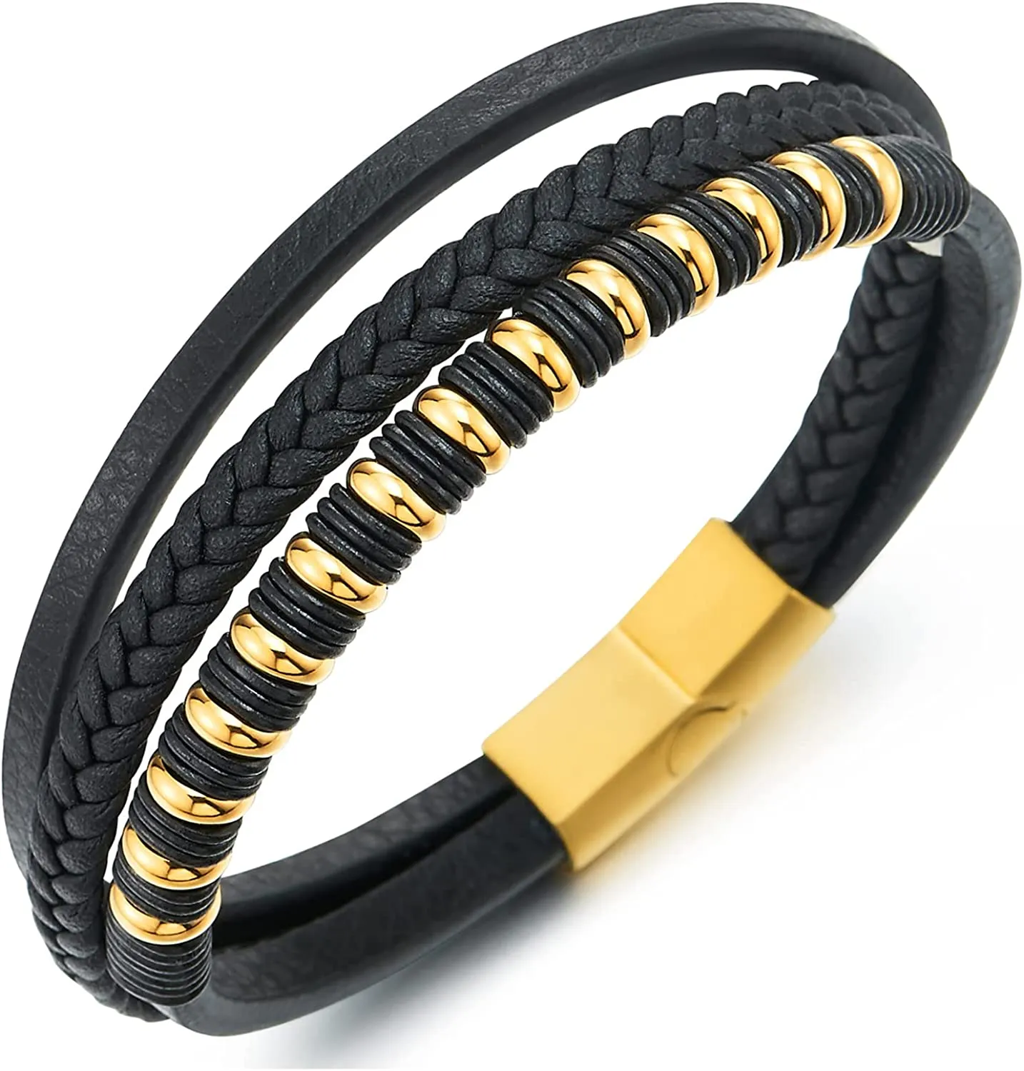 COOLSTEELANDBEYOND Mens Womens Black Leather Bracelet, Steel Gold Color Beads Rubber Ring Charm, Three-Strand Braided