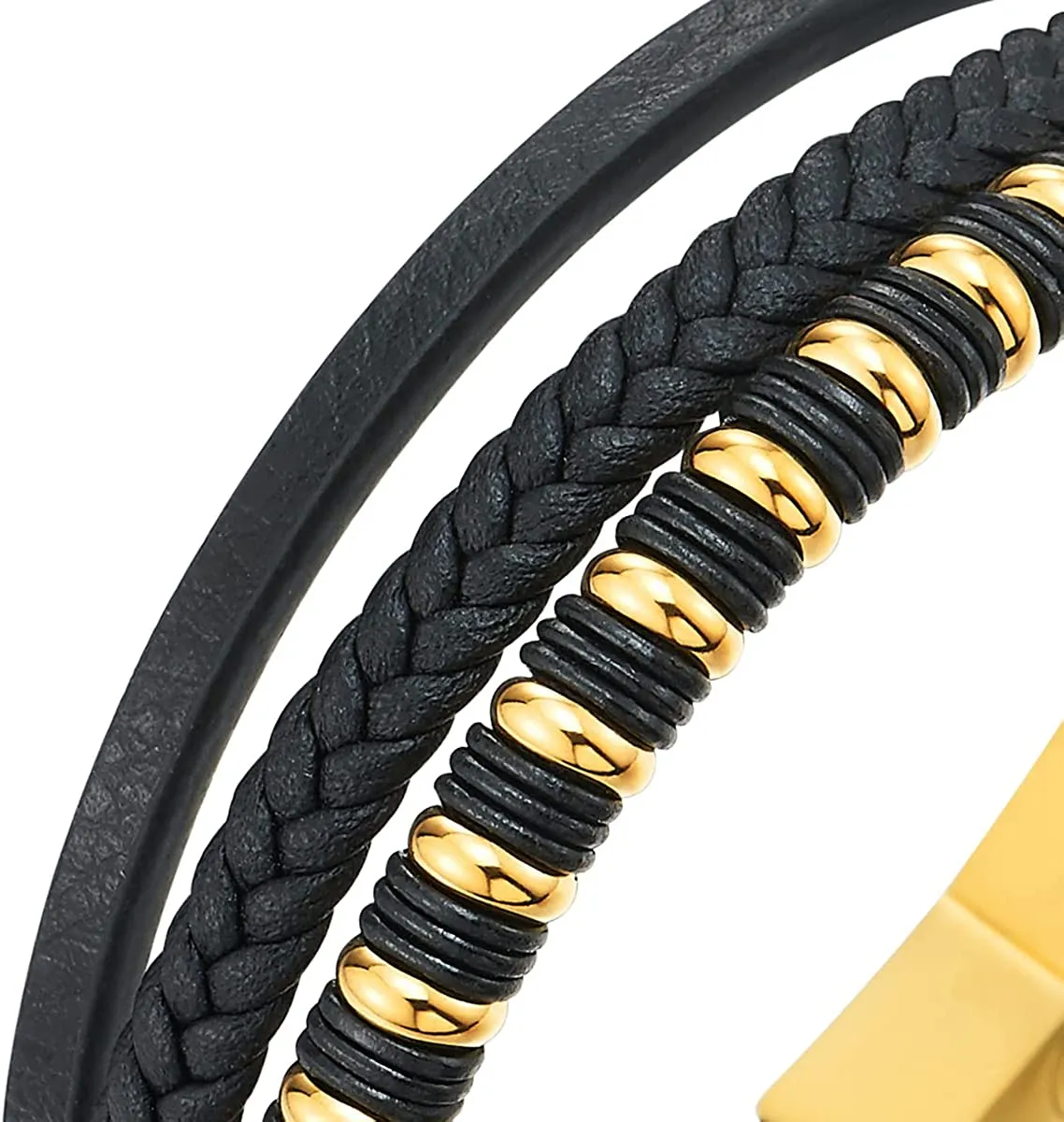 COOLSTEELANDBEYOND Mens Womens Black Leather Bracelet, Steel Gold Color Beads Rubber Ring Charm, Three-Strand Braided