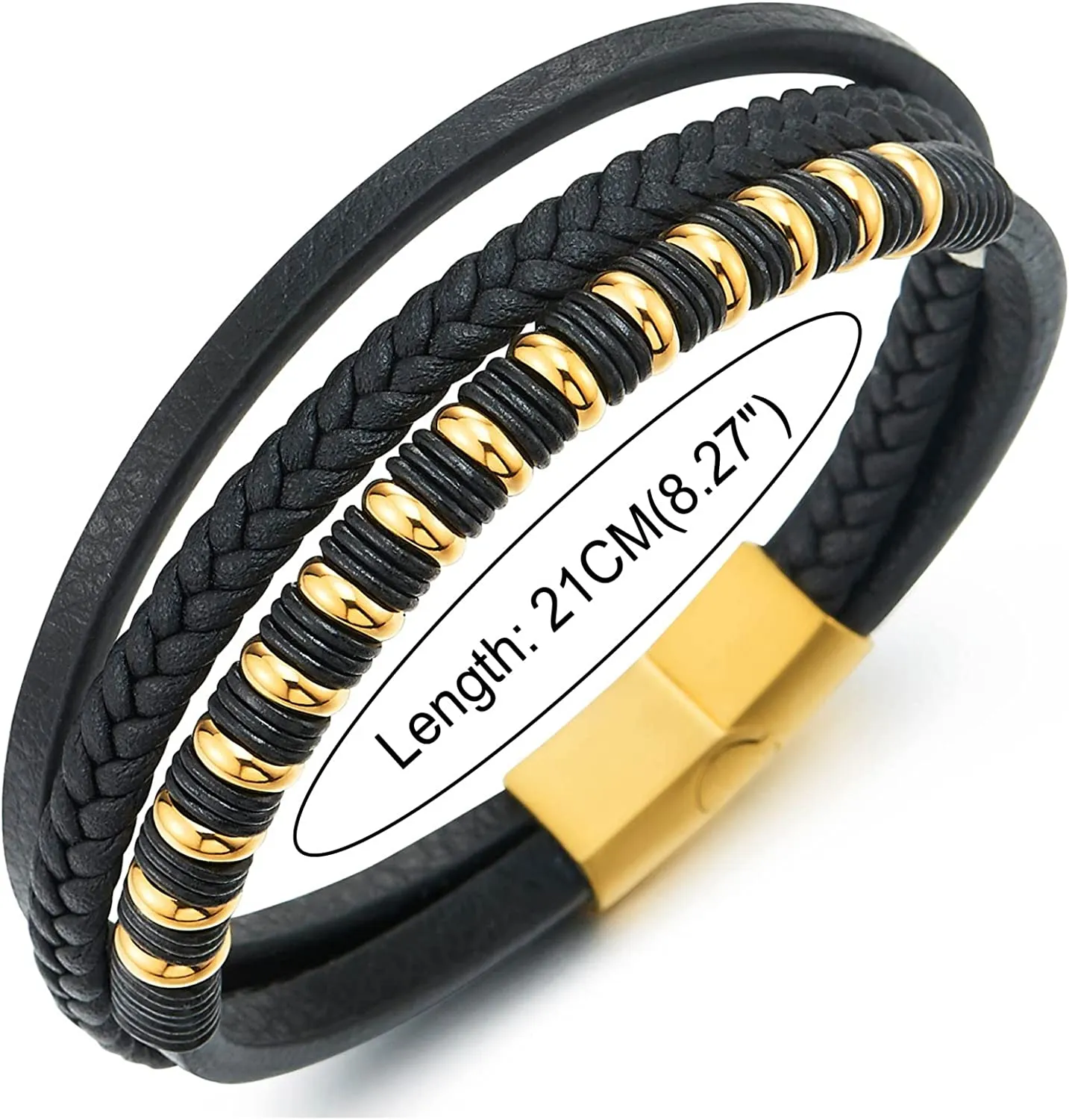 COOLSTEELANDBEYOND Mens Womens Black Leather Bracelet, Steel Gold Color Beads Rubber Ring Charm, Three-Strand Braided