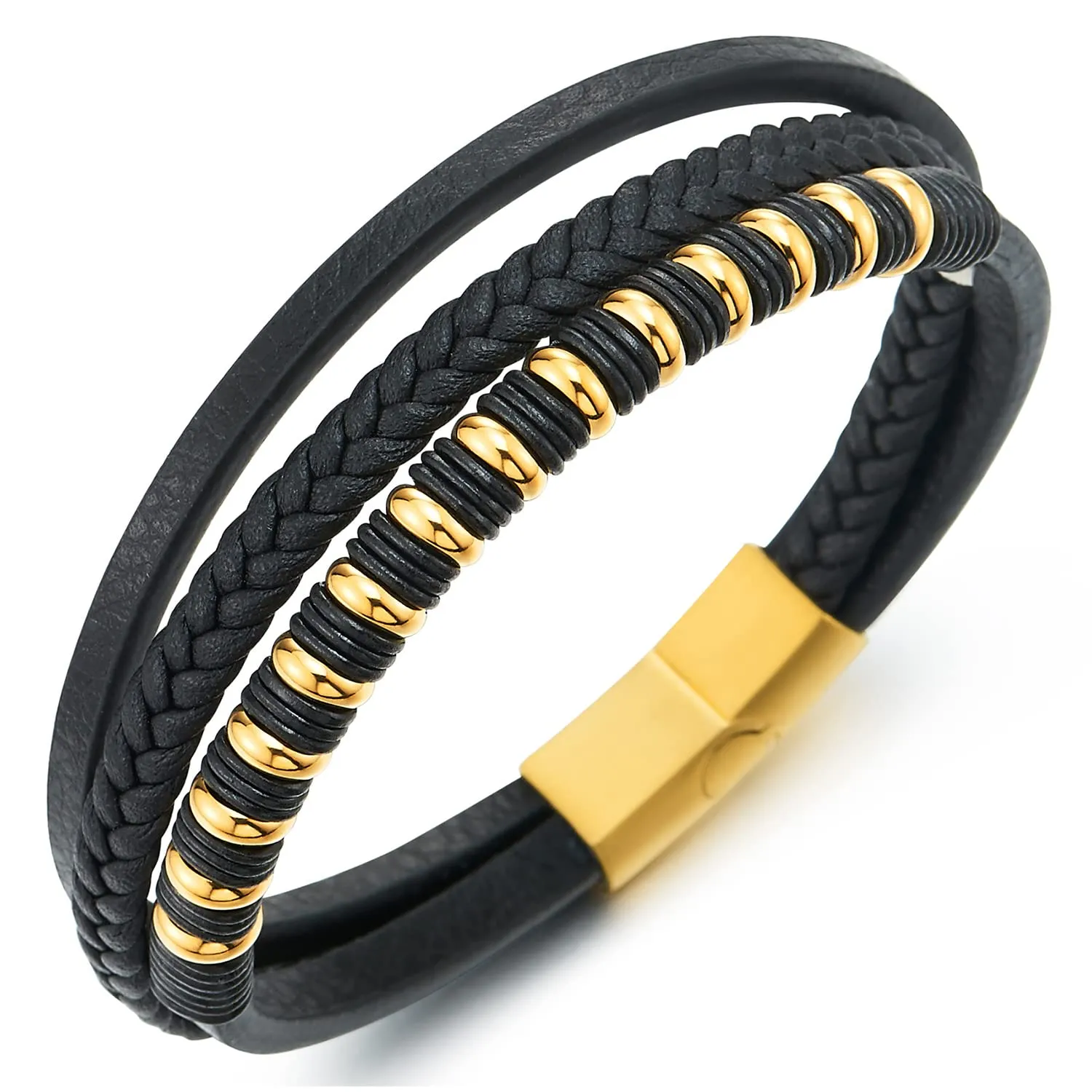 COOLSTEELANDBEYOND Mens Womens Black Leather Bracelet, Steel Gold Color Beads Rubber Ring Charm, Three-Strand Braided