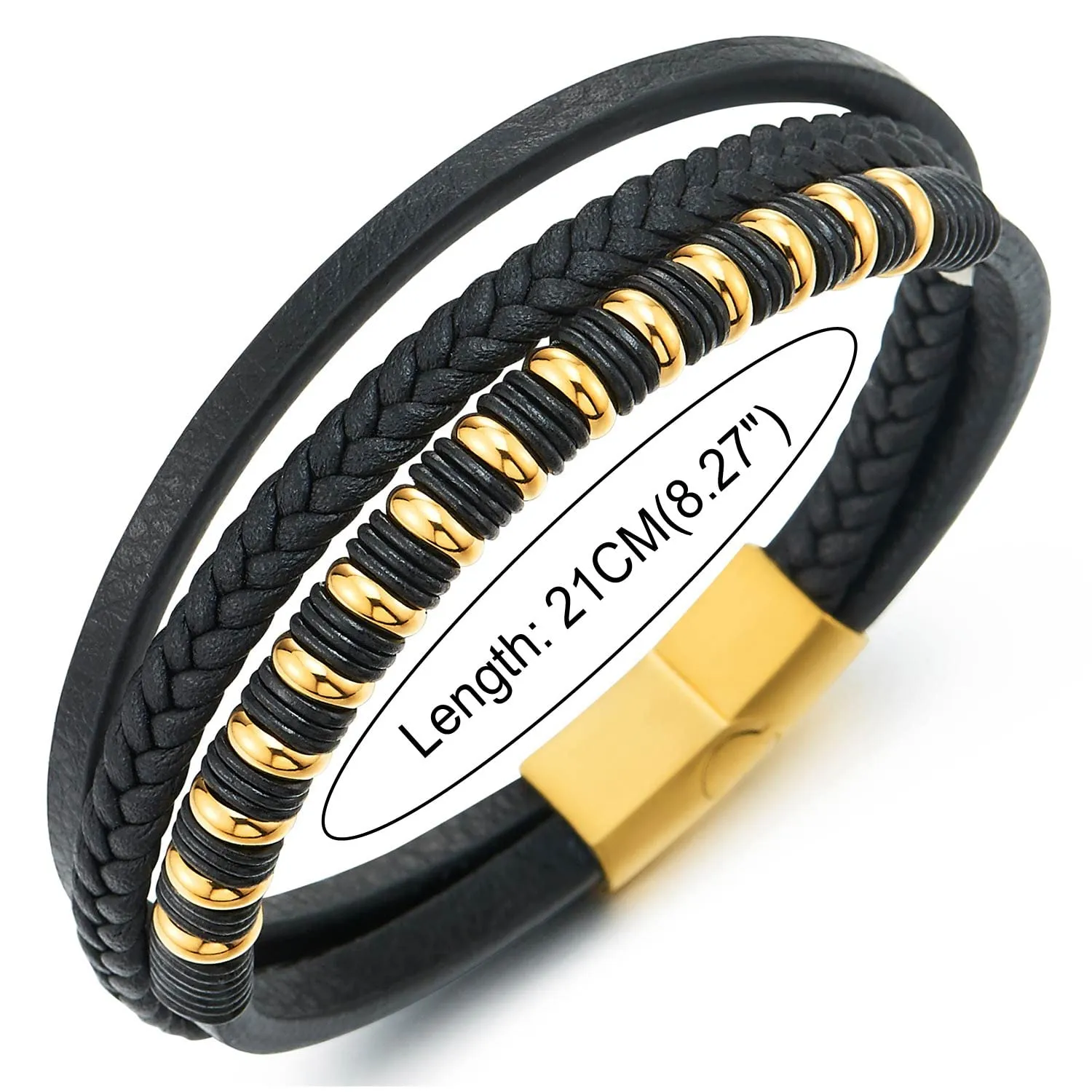 COOLSTEELANDBEYOND Mens Womens Black Leather Bracelet, Steel Gold Color Beads Rubber Ring Charm, Three-Strand Braided