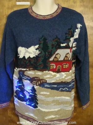 Cozy Red Cabin 80s Light Up Ugly Xmas Sweater