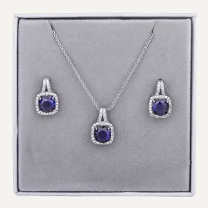 Crystal Pendant Necklace & Earring Box Set Blue & In Silver-Tone